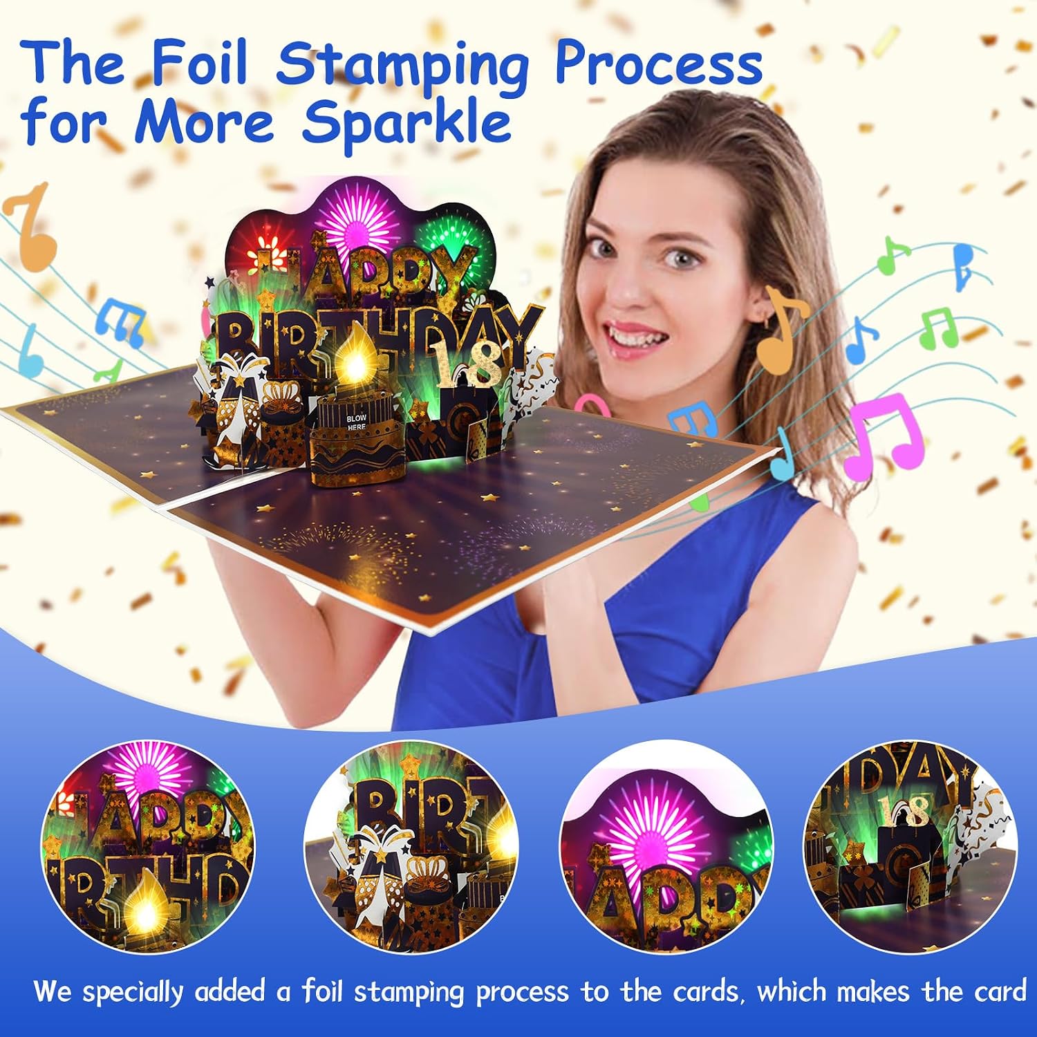 Detalle 2 de 18th Birthday Card (Musical & Fireworks Pop-Up) – with Light-Up “Pop” Blow-Out Surprise