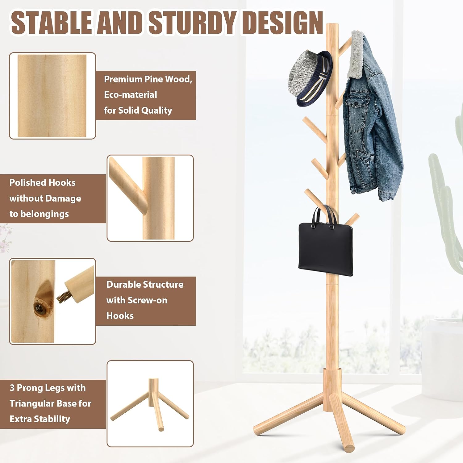Detalle de Haddockway Wooden Coat Rack with 8 Hooks ⚙