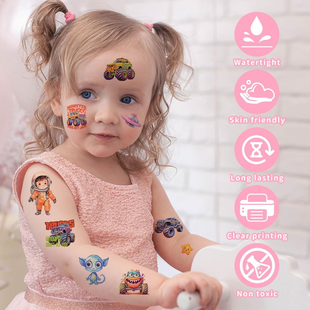 Detalle de Alaoo tillfälliga tatueringar, 24 ark med glitter och rymd- och monstertrucksmotiv