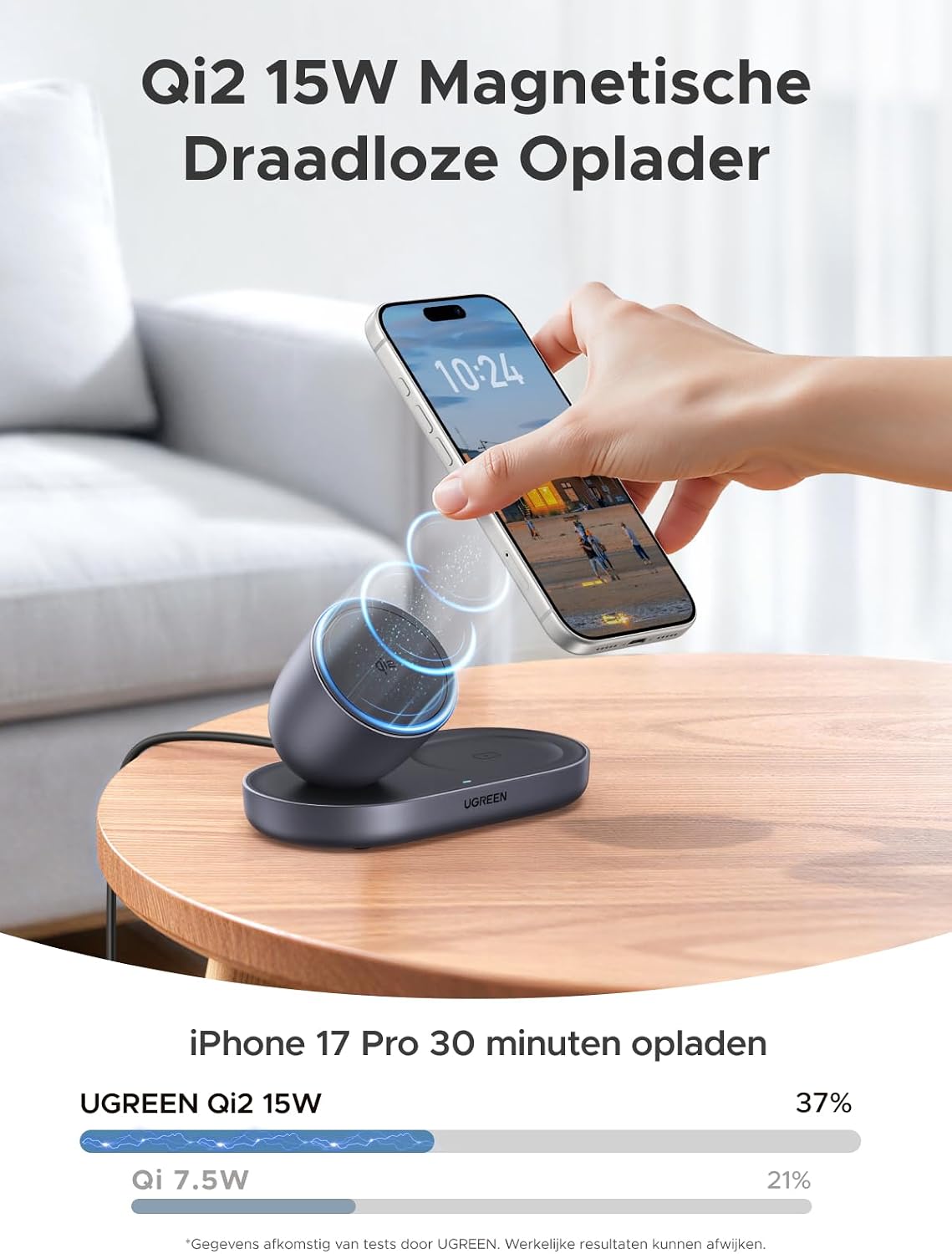 Detalle de UGREEN Zapix 2-in-1 15W Qi2-oplaadstation met vaste kijkhoek