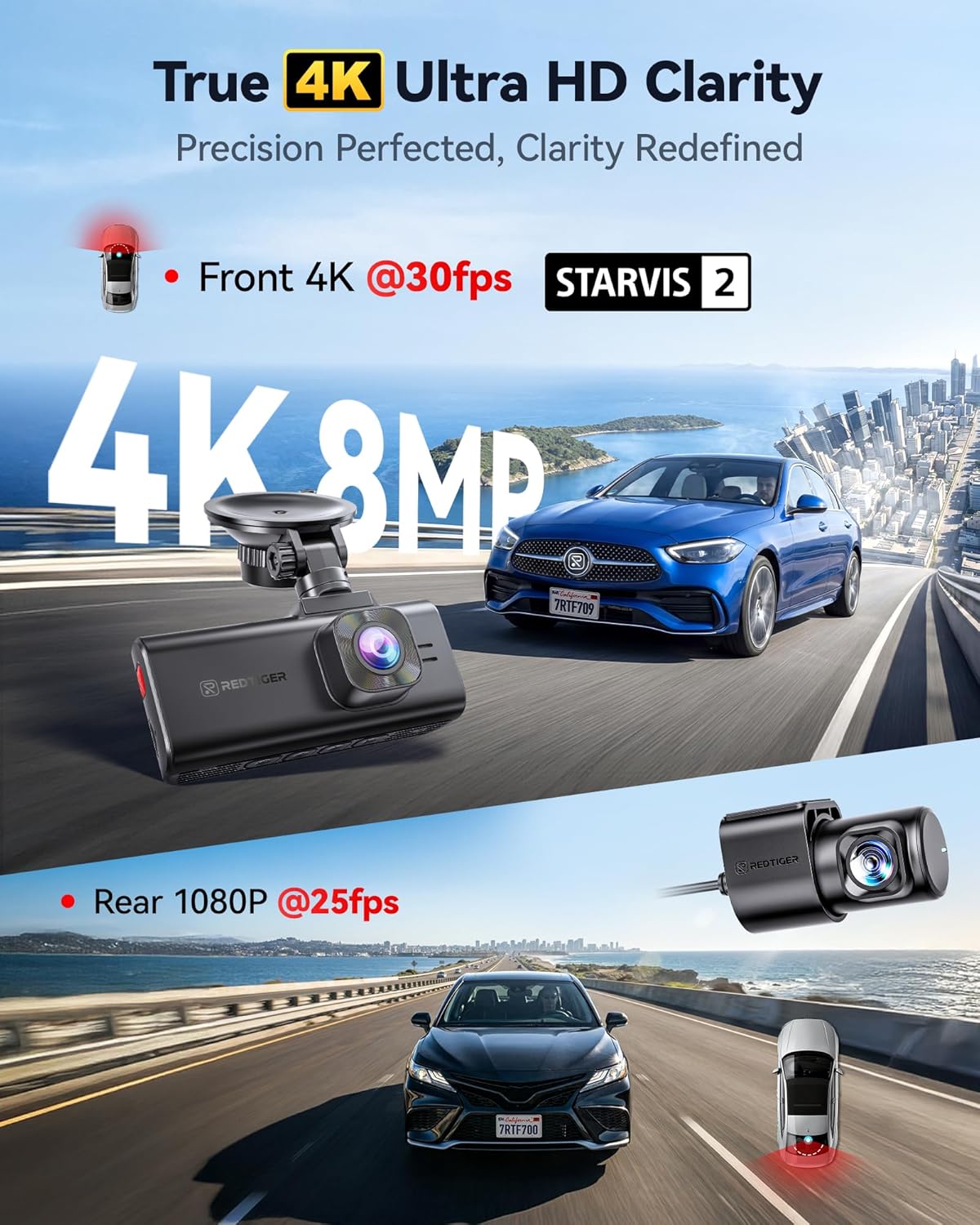 Detalle de REDTIGER F7NA 4K Dashcam Vorne + Hinten – STARVIS 2 IMX678, HDR, GPS, Sprachsteuerung & 24H Parküberwachung