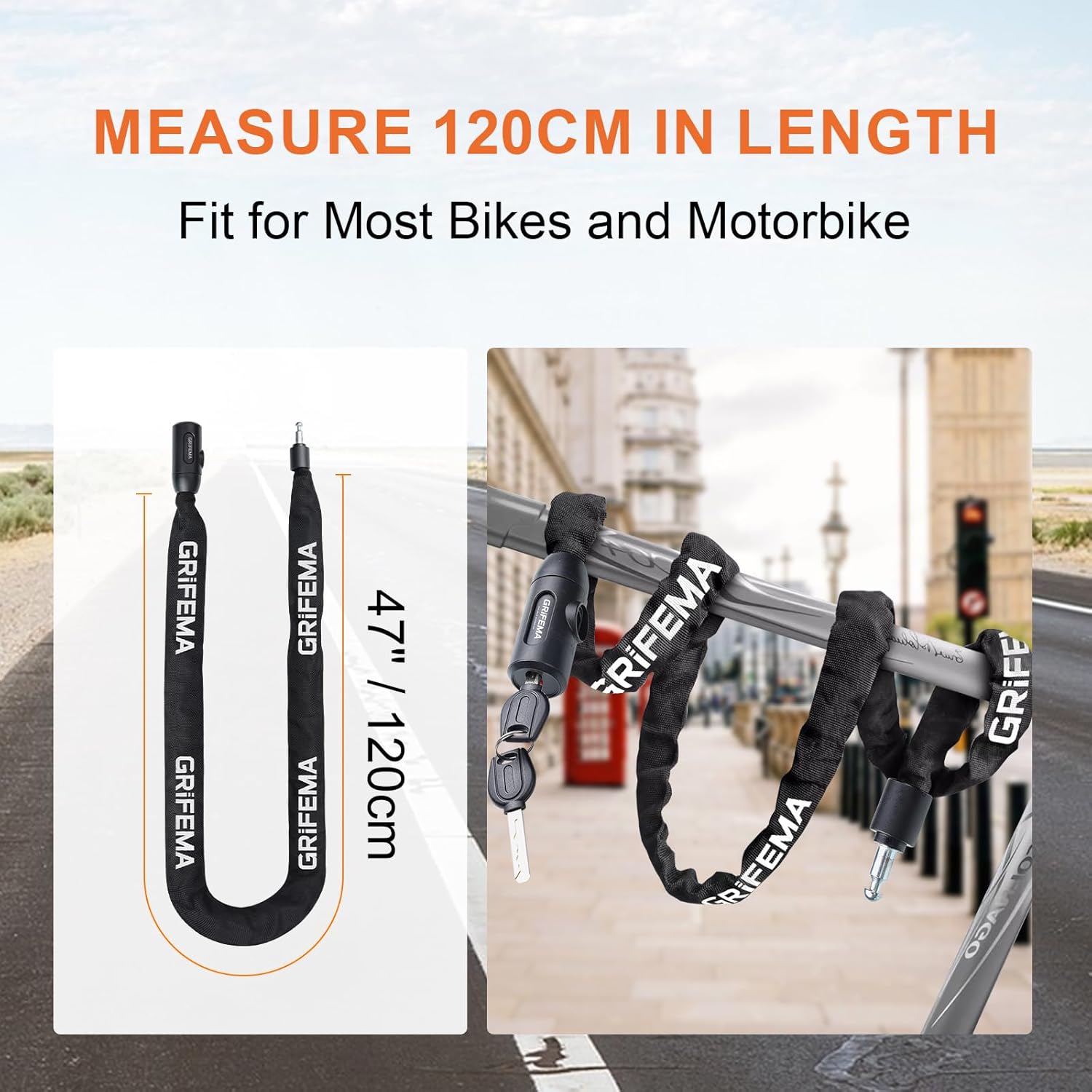 Detalle 2 de GRIFEMA GA1201-12 Bike Locks High Security with 2 Keys – 120cm Chain Lock