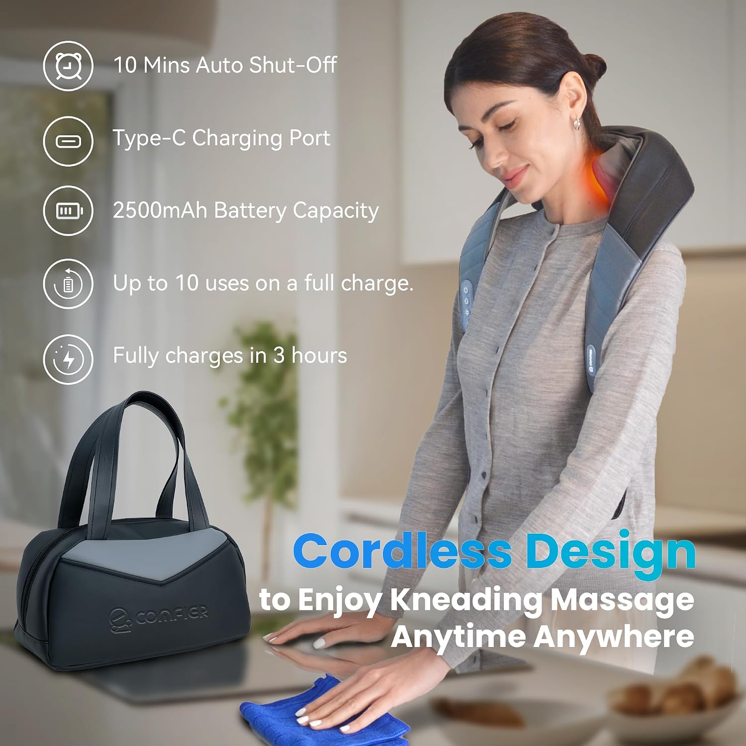 Detalle 1 de COMFIER Masajeador de Cuello Shiatsu Inalámbrico 4D con Calor 💆