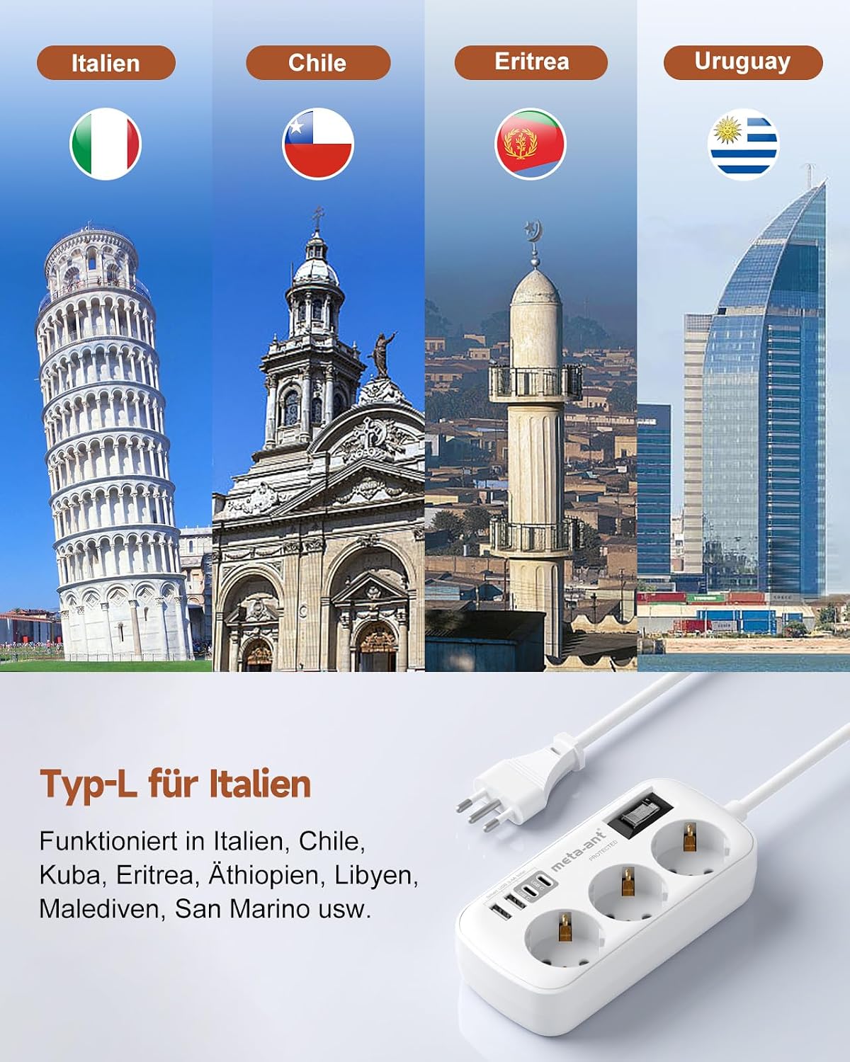 Detalle 2 de Adapter Italien Steckdose – 7-in-1 Reiseadapter mit 3 AC + USB-C/USB-A, 1,5 m Kabel, Typ L
