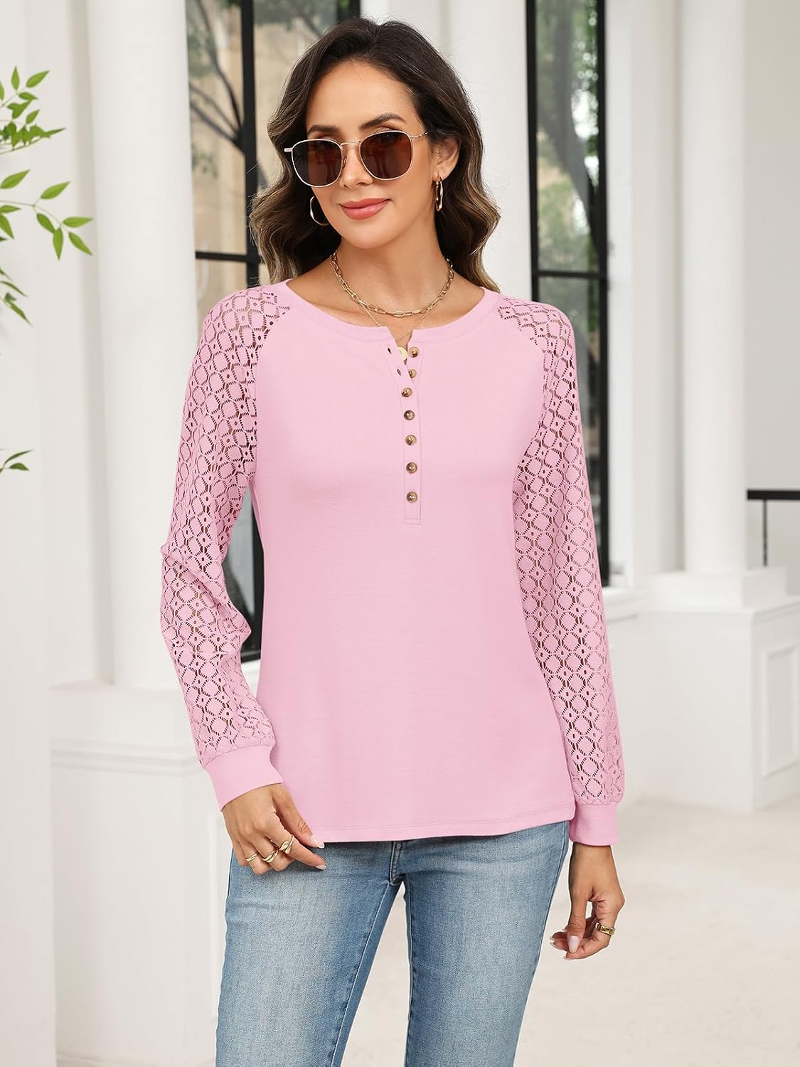Detalle 2 de Minetom Women’s Lace Long Sleeve Henley Tops (Lace Sleeve Button-Down Casual Blouse)