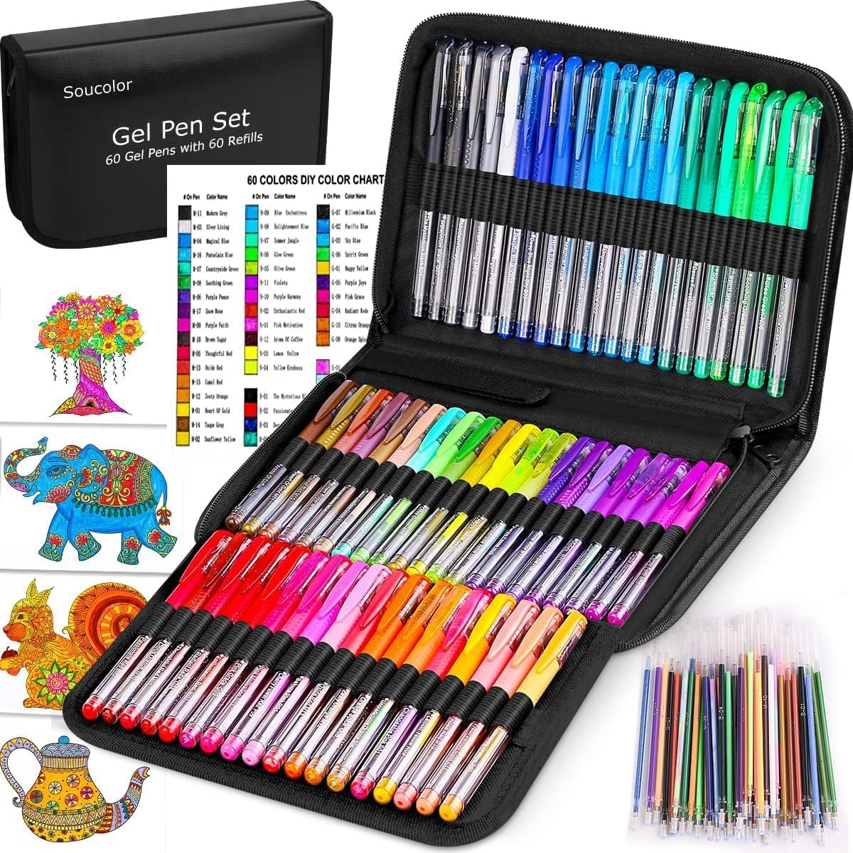 Detalle de Soucolor 120 Gel Pens Set with 60 Colors, Matching Refills and Carrying Case
