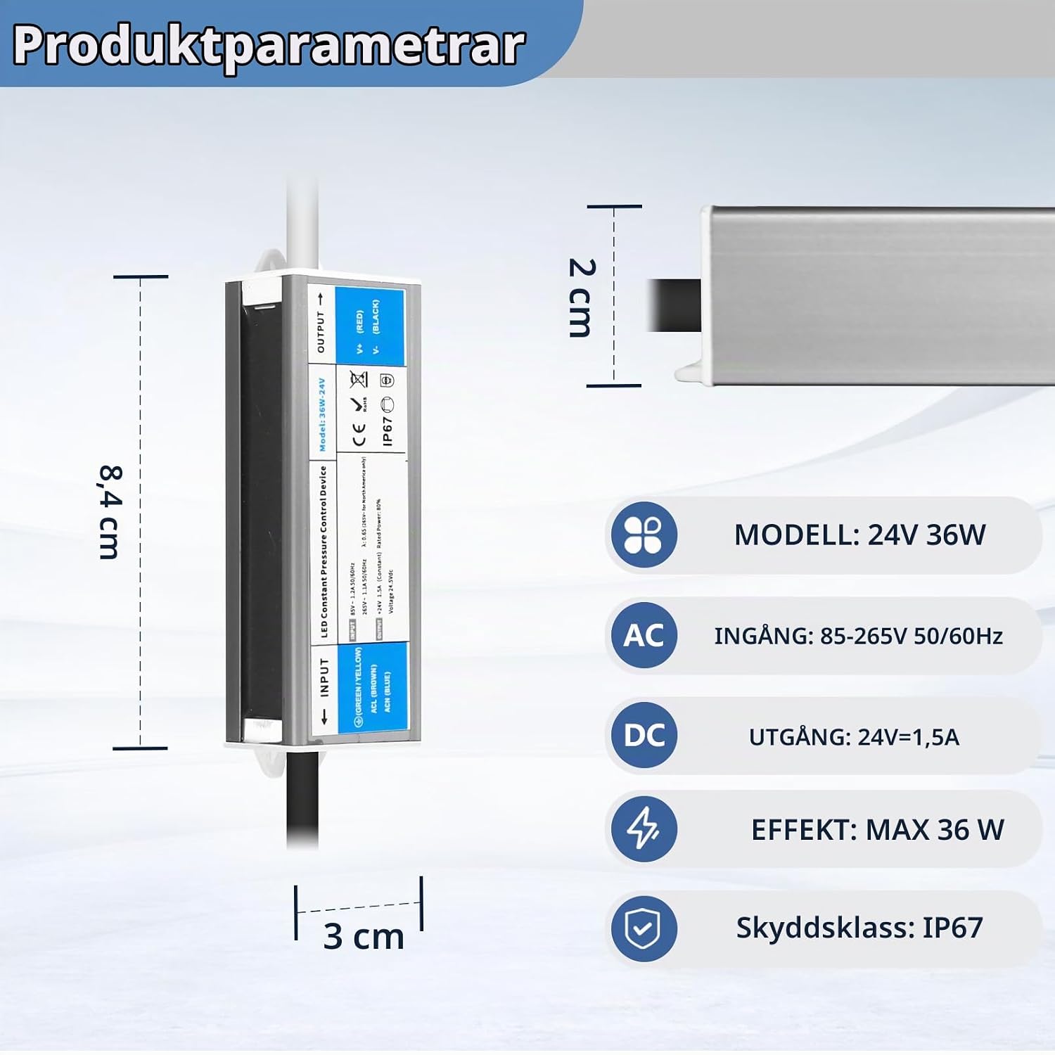 Detalle de YOODI 24V 36W nätadapter, 1,5 A, IP67 för LED-belysning