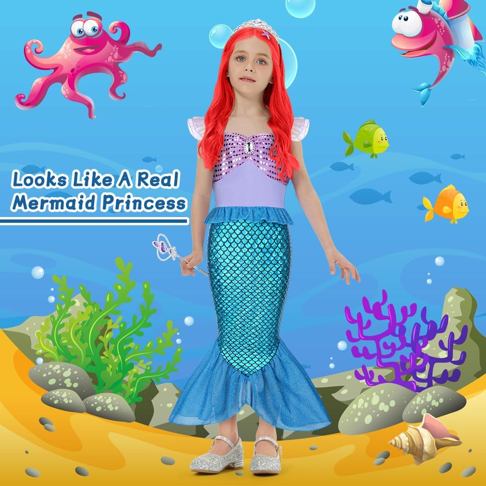 Thumbnail 5 de AOOWU Girls Mermaid Costume: Princess Mermaid Dress Set with Wig, Crown and Magic Wand