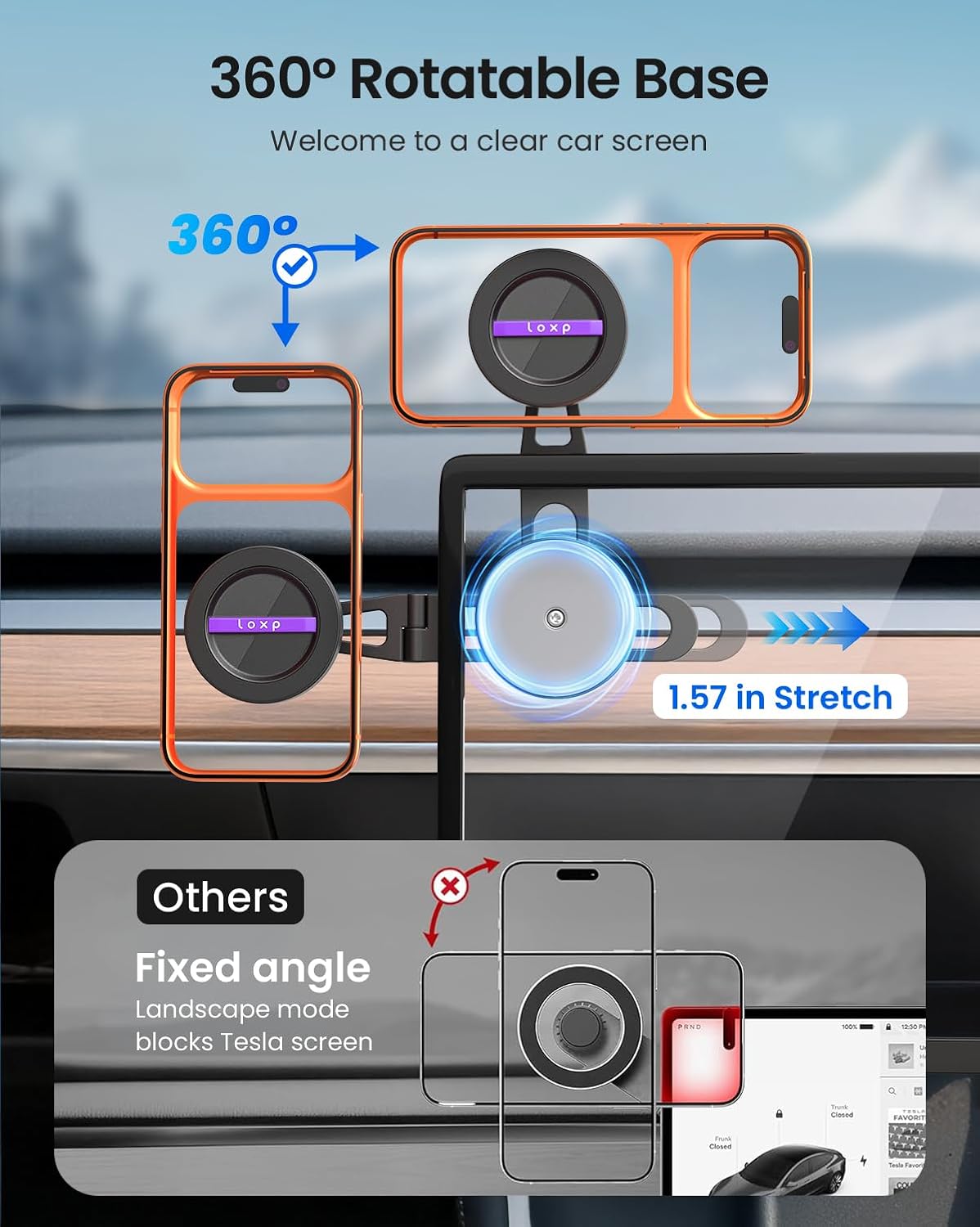 Detalle de LOXP Upgrade Tesla Phone Mount: Strong Magnetic, Foldable Aluminum Car Mount for Model 3/Y and Juniper, 360° Rotating iPhone 17 Pro Max Ready