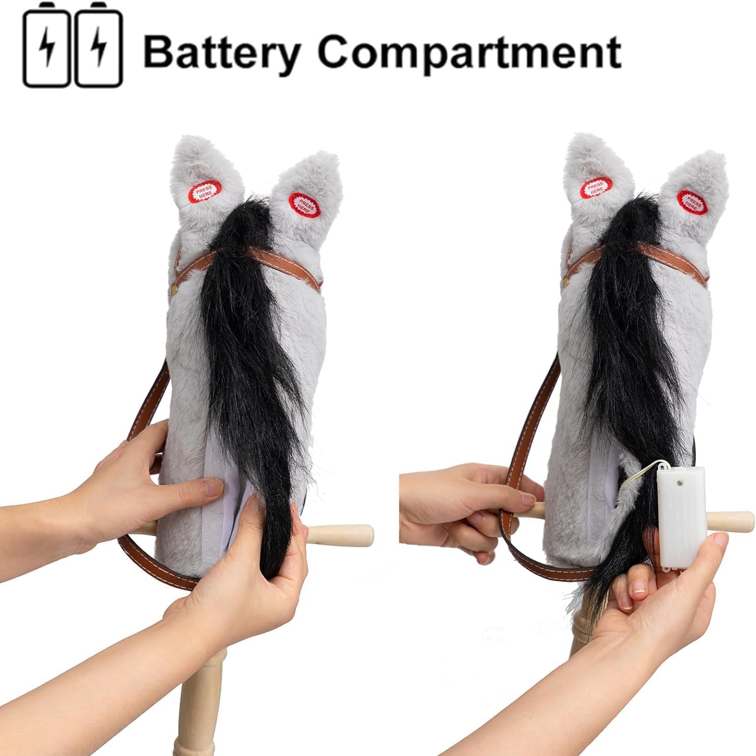 Thumbnail 2 de HollyHOME Stick Horse with Wood Wheels – 91cm Grey Plush Hobby Horse