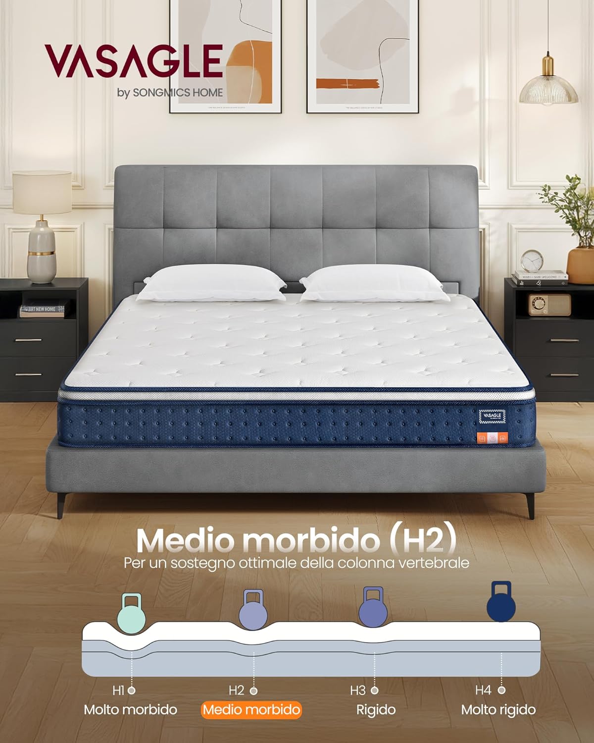 Detalle de VASAGLE Materasso Singolo 80 x 190 x 25 cm Ibrido con Molle Insacchettate e Memory Foam con Gel – Blu RMZ202QZ02