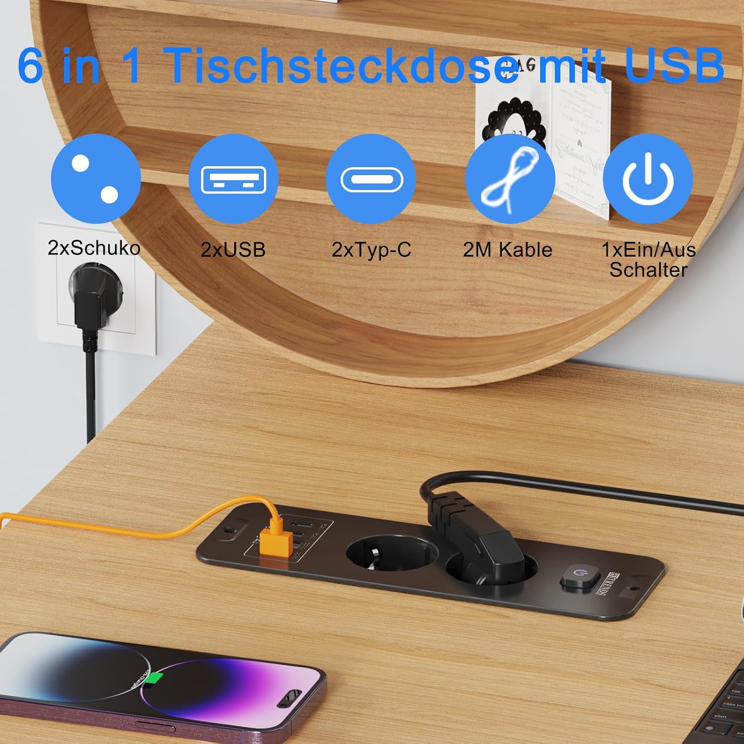 Detalle de Versenkbare Steckdose 2-Fach mit USB-C/USB-A – Einbau-Steckdosenleiste für Tischplatten