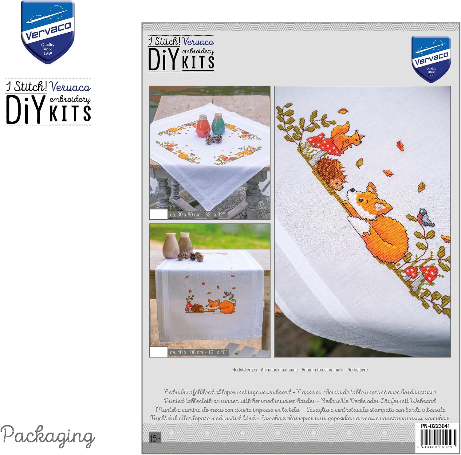 Detalle de Vervaco Zwierzęta Jesiennego Lasu – zestaw do haftu krzyżykowego, obrus 80 × 80 cm