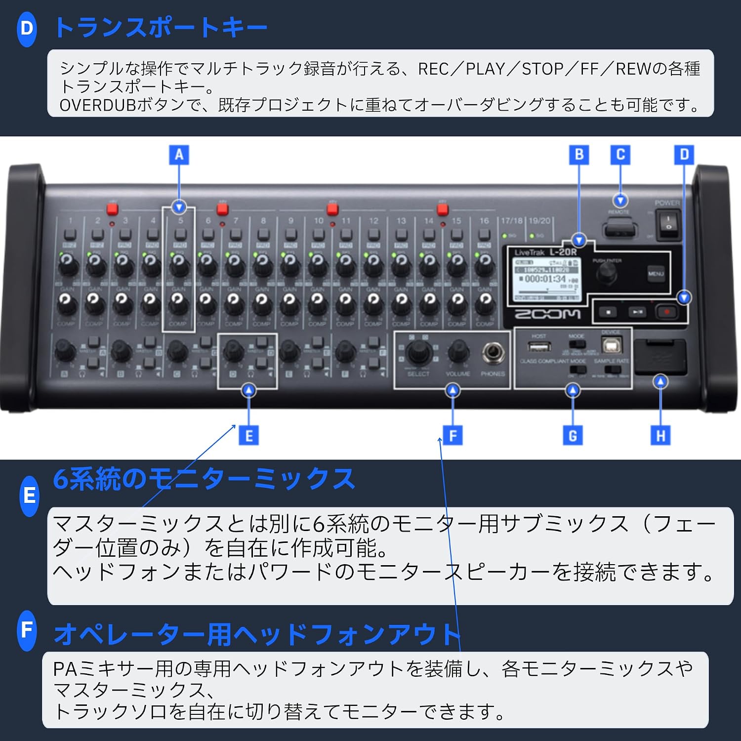 Thumbnail 3 de ZOOM L-20R ラックマウント型デジタルミキサー 20ch・22トラック録音・6系統モニター出力
