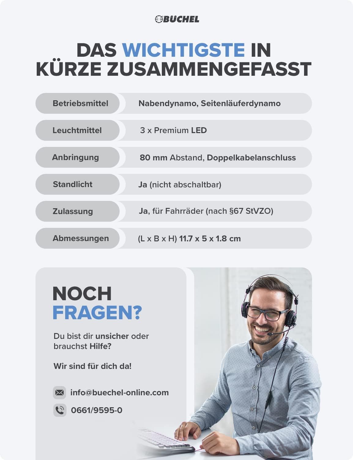 Thumbnail 6 de Büchel LED Gepäckträgerlicht – Rücklicht für Dynamo- oder E-Bike-Antrieb (StVZO, 80 mm Abstand)