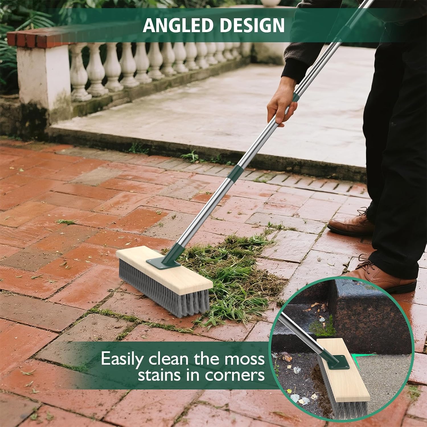 Detalle de Heavy-duty yard brush with retractable 60-inch handle and 11.8-inch wire head for outdoor cleaning