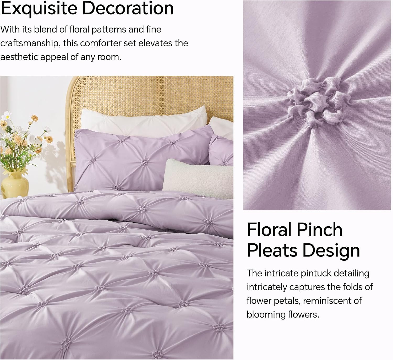 Thumbnail 3 de BEDELITE Queen Comforter Set, Purple Boho Pintuck, 3-Piece Bedding