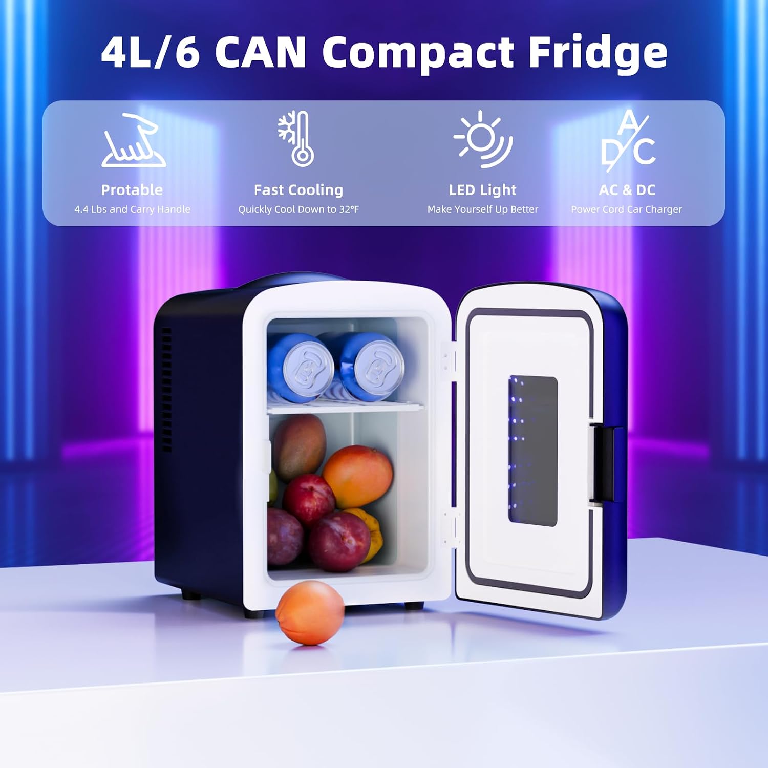 Detalle de Antarctic Star Mini Compact Refrigerator (4L, 6 Cans) with Gaming Light — Portable Cooler for Bedroom, Car, Office & Dorm, Black