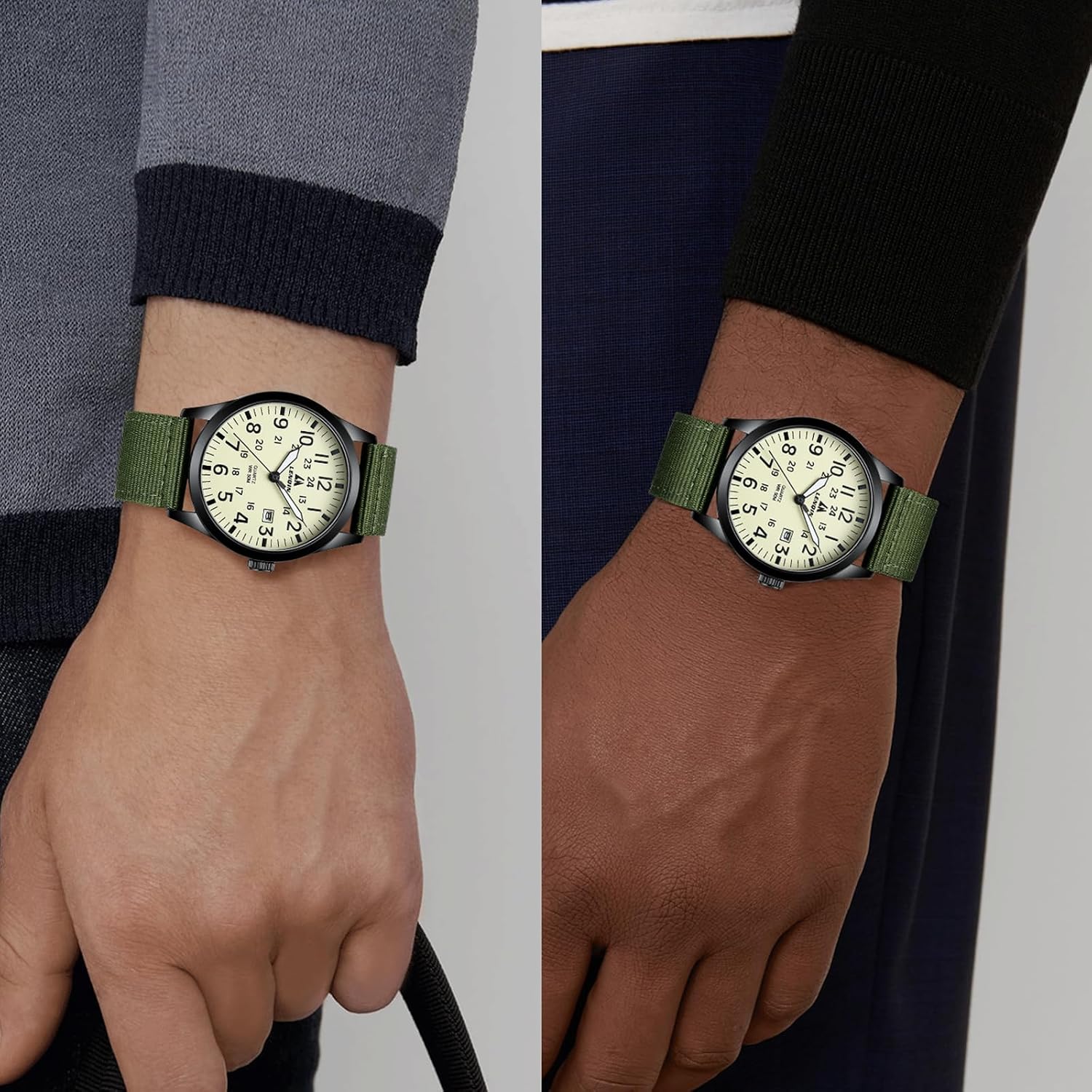 Detalle de LN LENQIN men’s military-style analog quartz watch with date and nylon strap (water resistant)