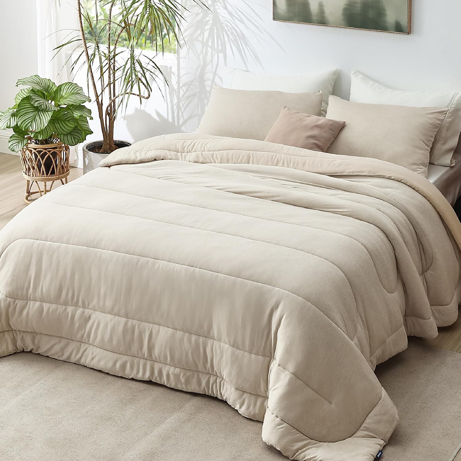 Detalle de Bedsure California King Comforter Set, Reversible Oatmeal Bedding with Corner Loops