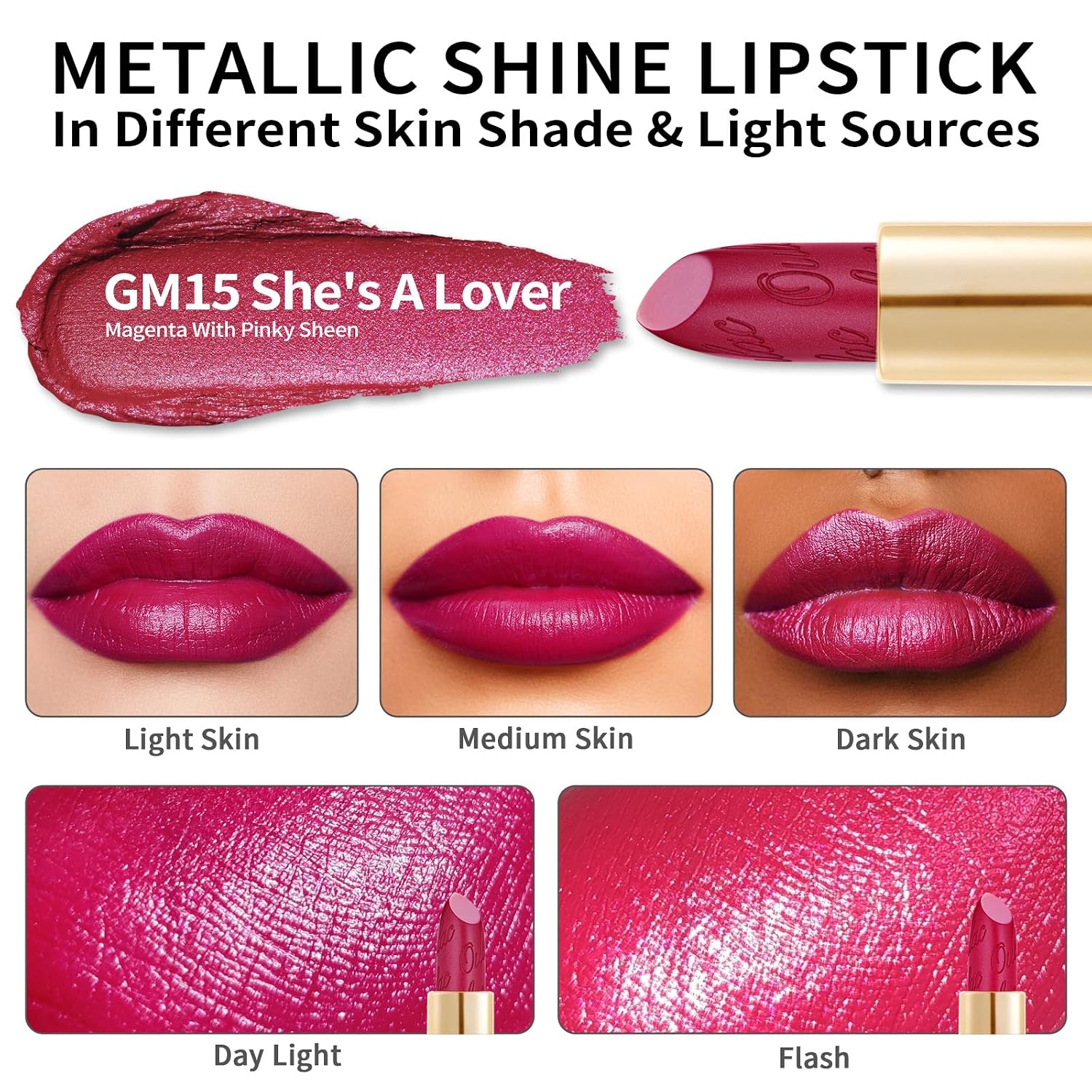 Thumbnail 4 de OULAC Lippenstift Metallic Glanz Finish – Magenta-Rosa „She’s A Lover“, veganer Lippenstift mit Glitzer-Perlglanz (4,3 g)
