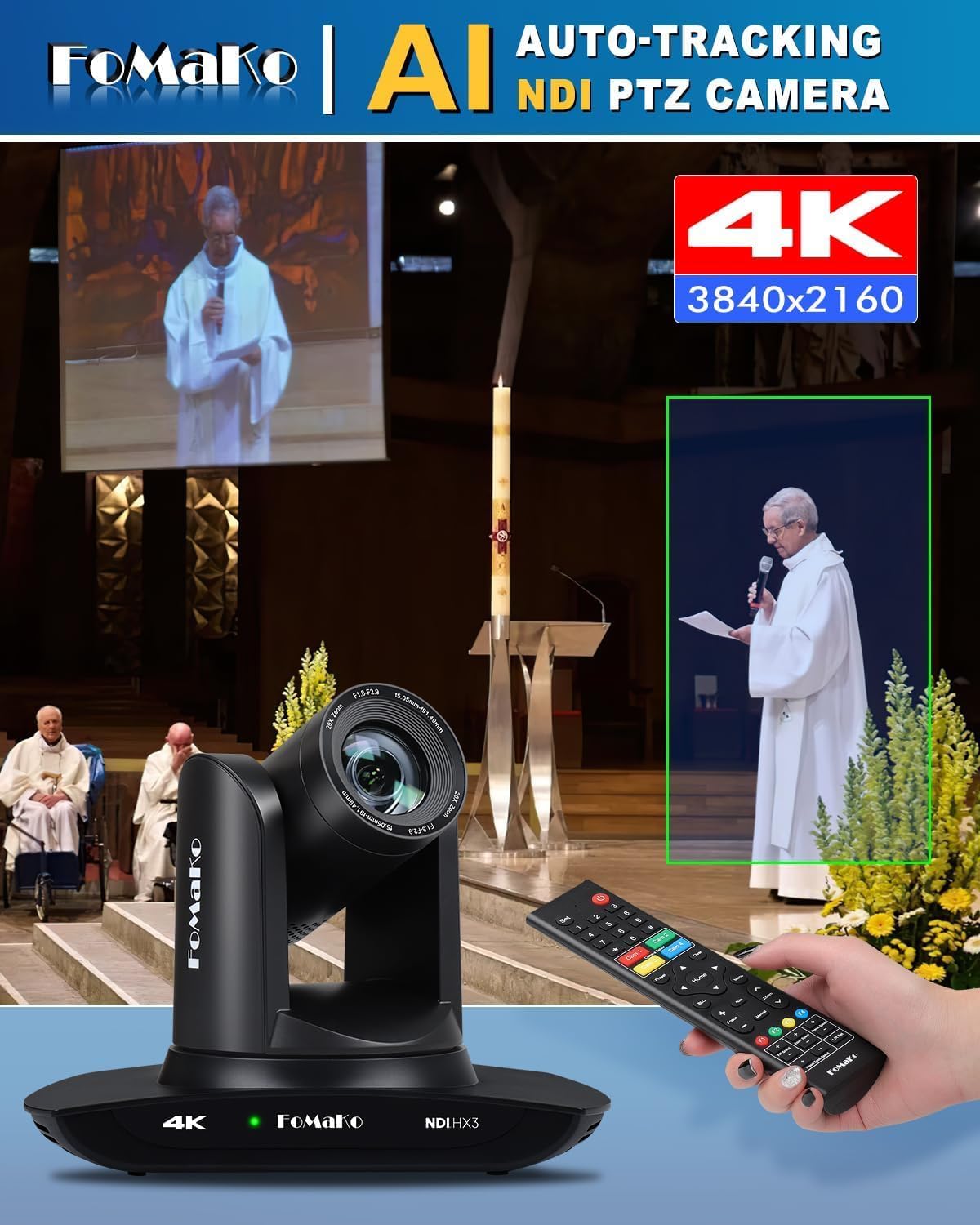 Detalle de FoMaKo 4K PTZ Kamera mit NDI HX3 – 20x optischer Zoom, KI-Tracking und Live-Streaming
