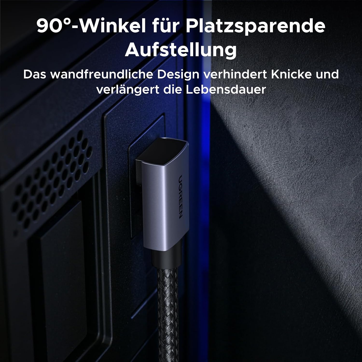 Detalle de UGREEN DP Kabel 2.1, 16K/8K 90° Winkel – 80 Gbps, HDR, DSС 1.2a, HDCP 2.2, Gaming-Perfomance (2 m)