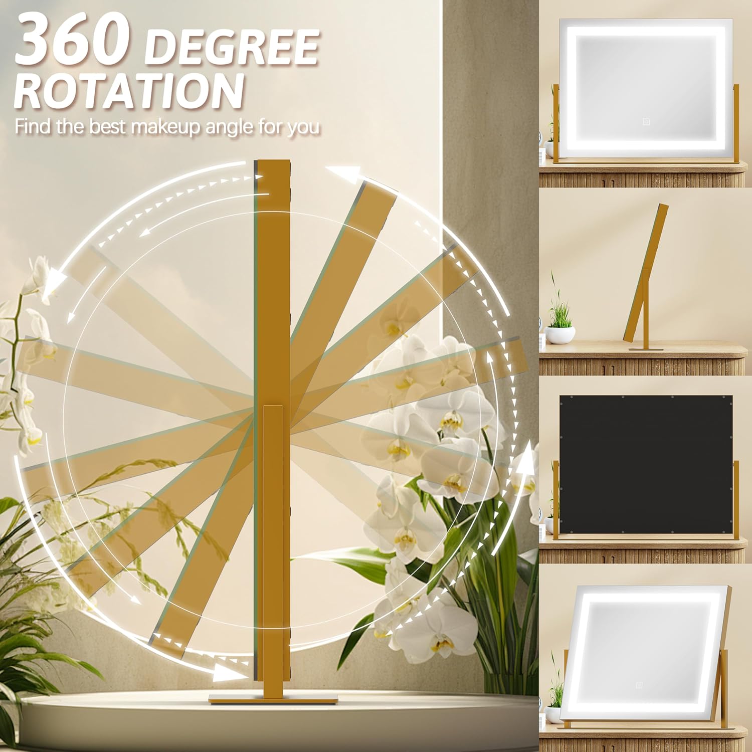 Thumbnail 6 de ROLOVE Vanity Mirror with Lights (22"x18") – 10X Magnification, 3-Color Dimmable LED, 360° Rotation, USB Charging (Gold)