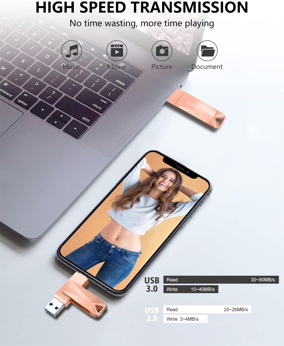 Thumbnail 4 de Patianco Chiavetta USB 512GB 3-in-1 (Lightning/Type-C/USB 3.0) – MFi Certificata, Rosa