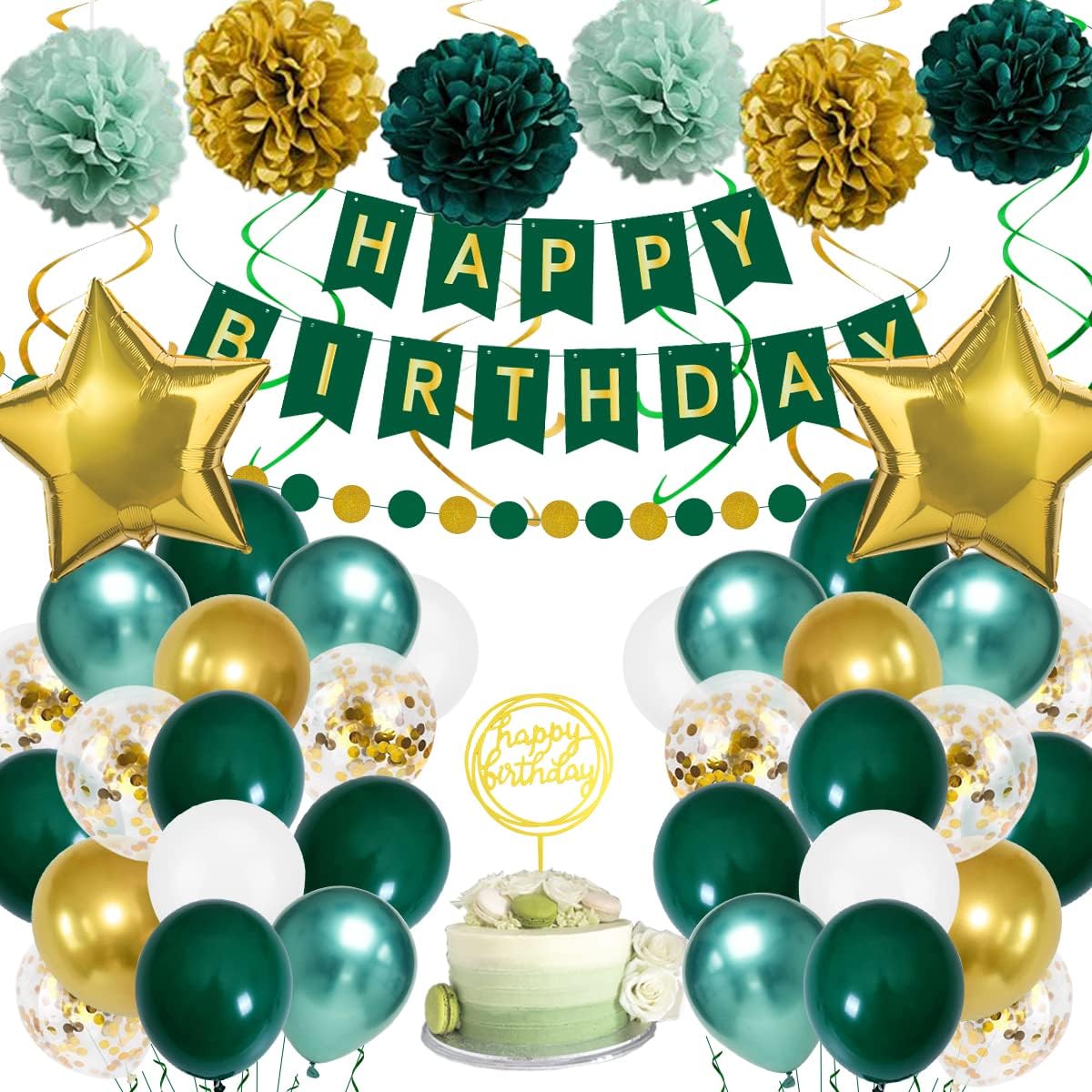 Detalle de Geburtstagsdeko Retro Grün Gold Set mit Luftballons, Happy Birthday-Banner & Papiergirlande (55-teilig)
