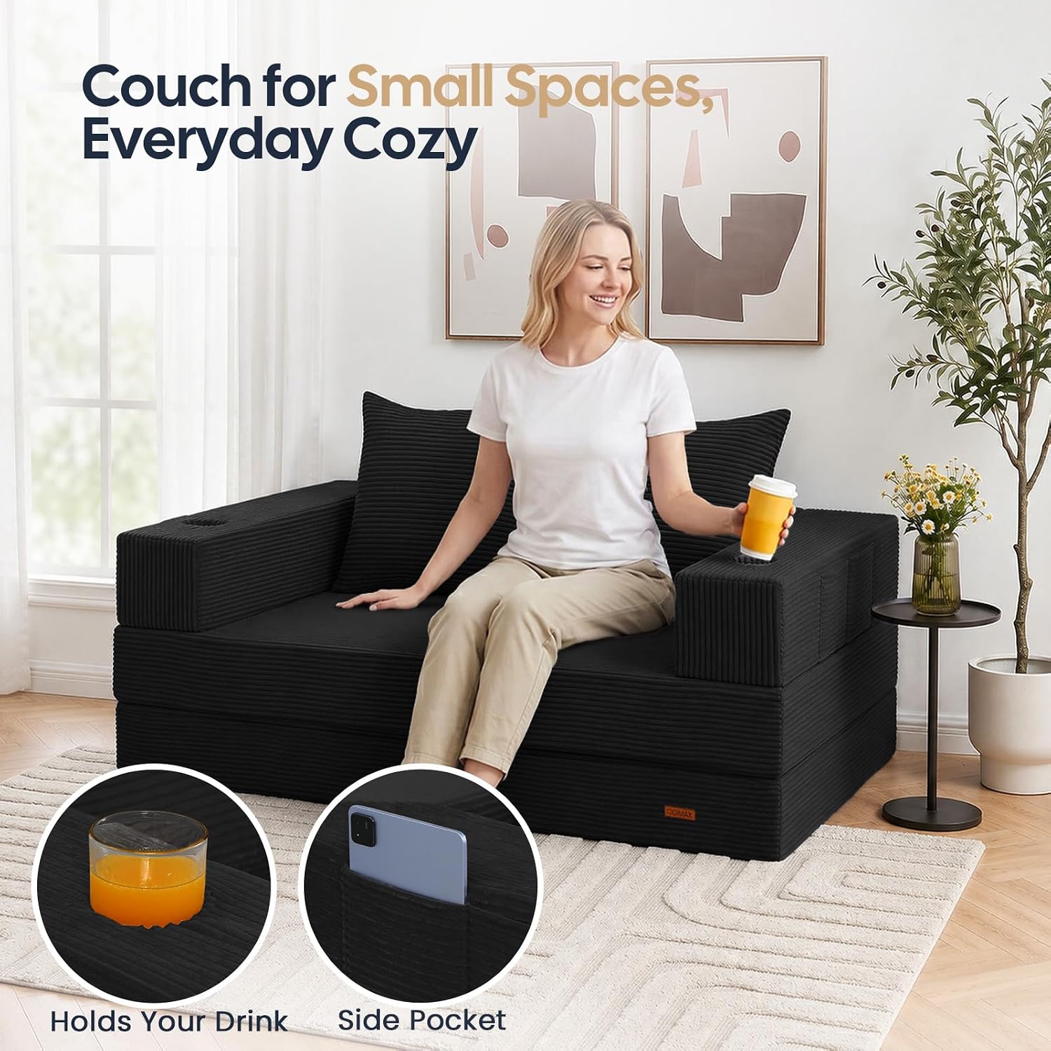Detalle de COMAX Futon Sofa Bed: 4-in-1 Convertible, Space-Saving Boneless Couch for Small Living Spaces