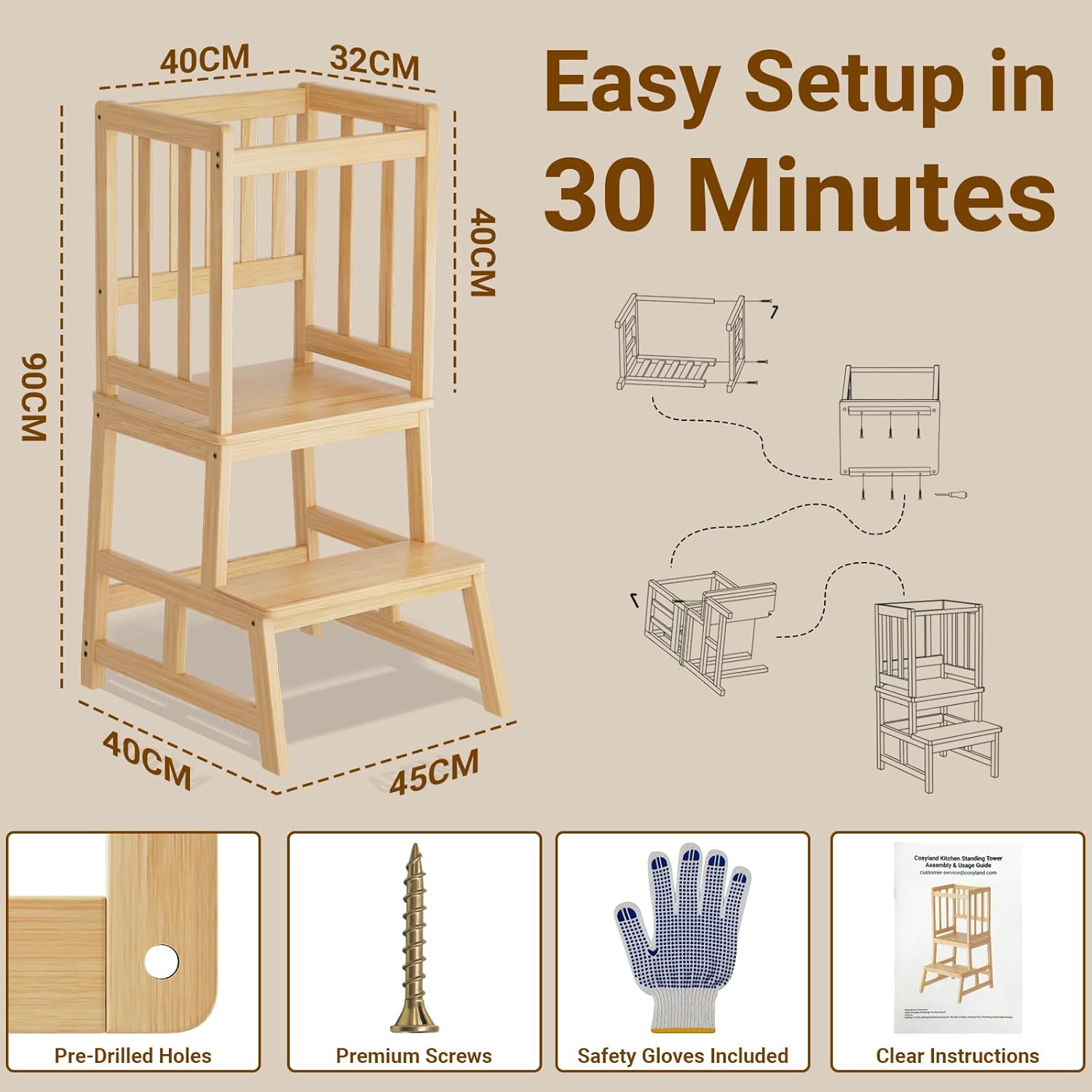 Thumbnail 1 de Cosyland Toddler Kitchen Standing Tower (Natural) – A practical learning helper for 1.5–3 year olds