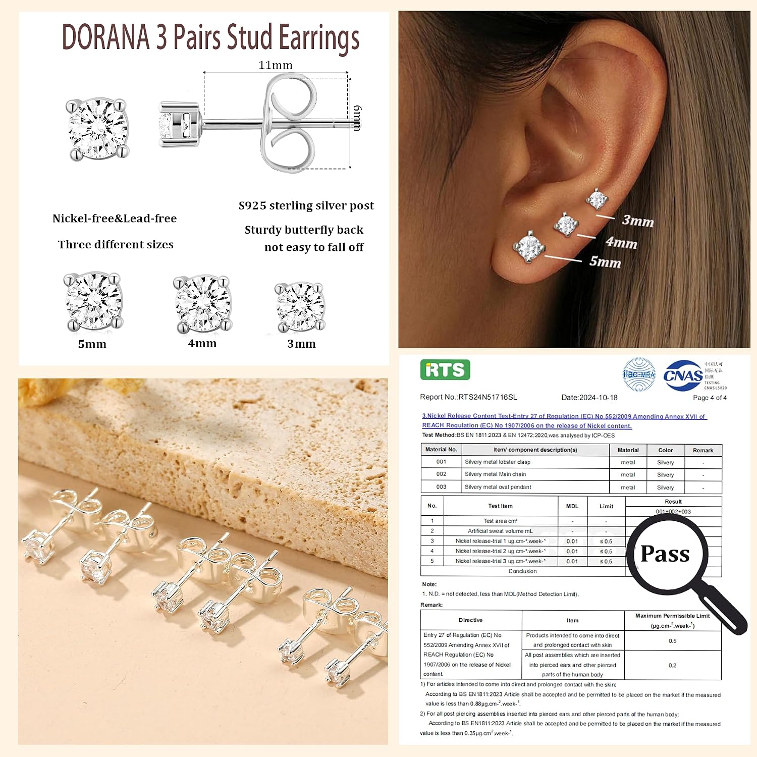 Detalle de DORANA 3-Pair 14K Gold-Plated 925 Sterling Silver Stud Earrings, 2–4 mm