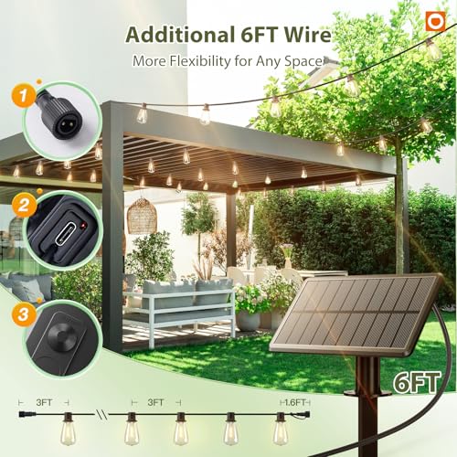 Detalle de addlon 52(48+4) FT Solar String Lights: Remote-Dimmable, All-Weather Edison-Style Outdoor Ambience