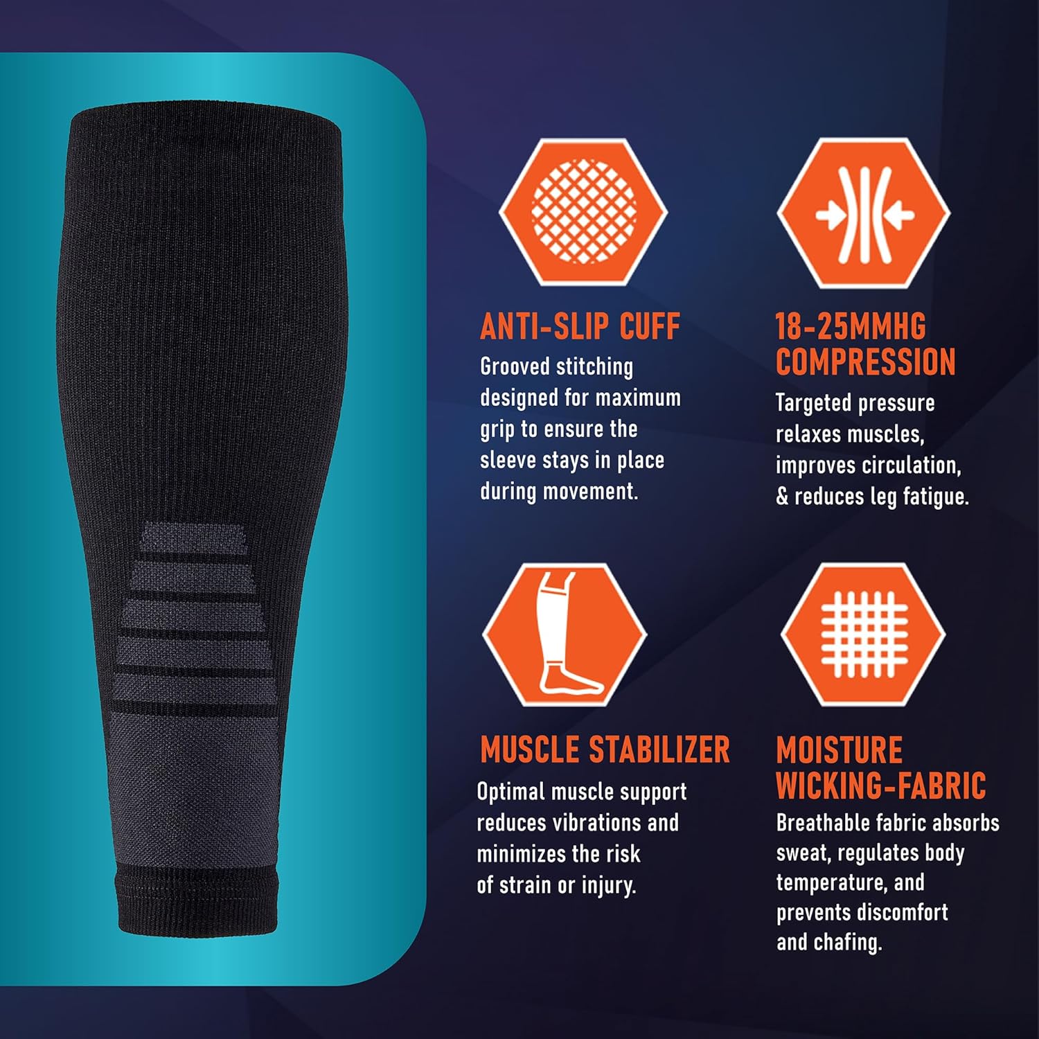 Detalle de PhysFlex Calf Compression Sleeves (Black, Medium) — Footless leg sleeves for swelling, shin splints, nursing & pregnancy (1 pair)