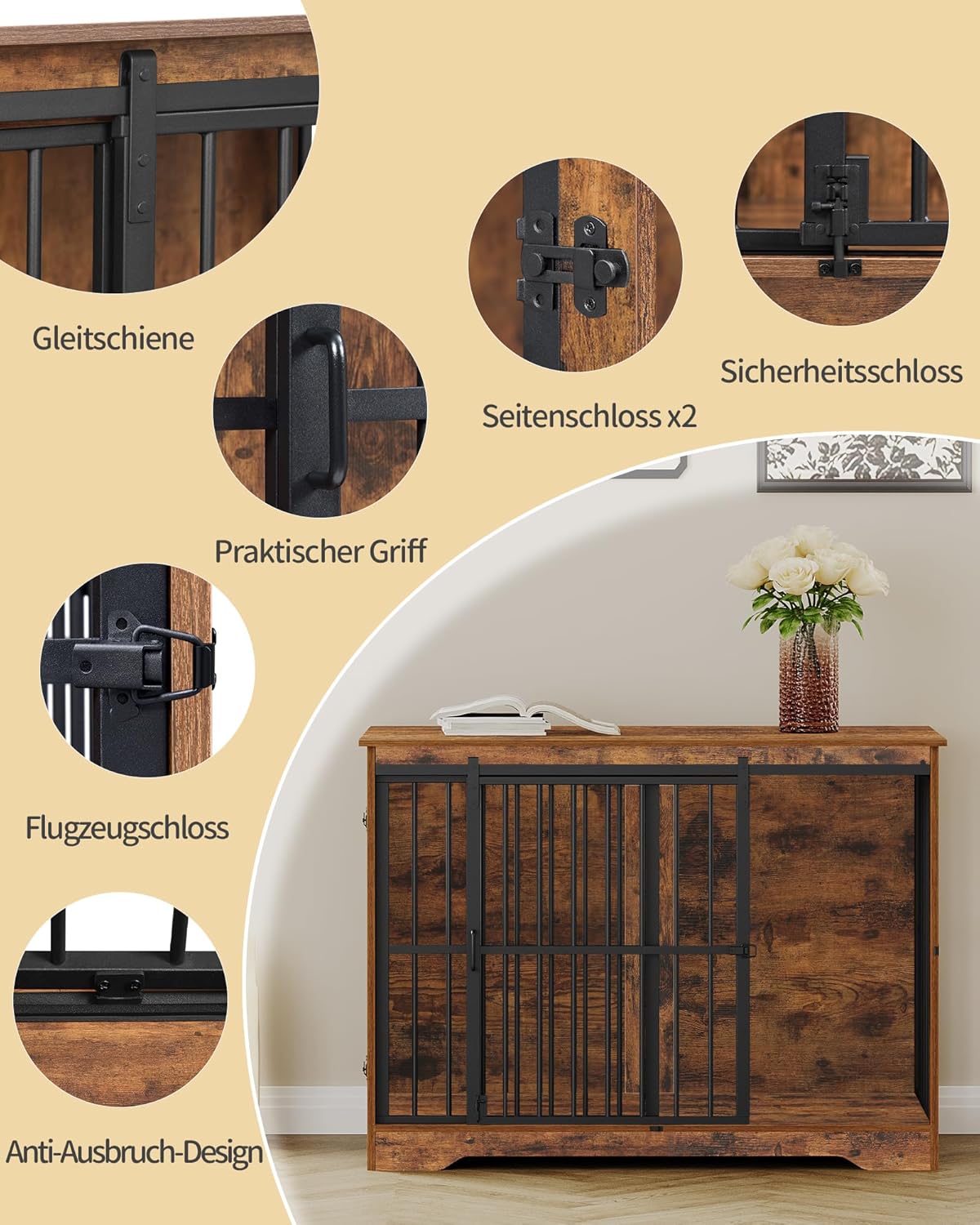 Thumbnail 5 de Hzuaneri Hundekäfig Möbel 110 cm (DCF84401B) mit 2 Türen – Indoor-Hundebox als Beistelltisch