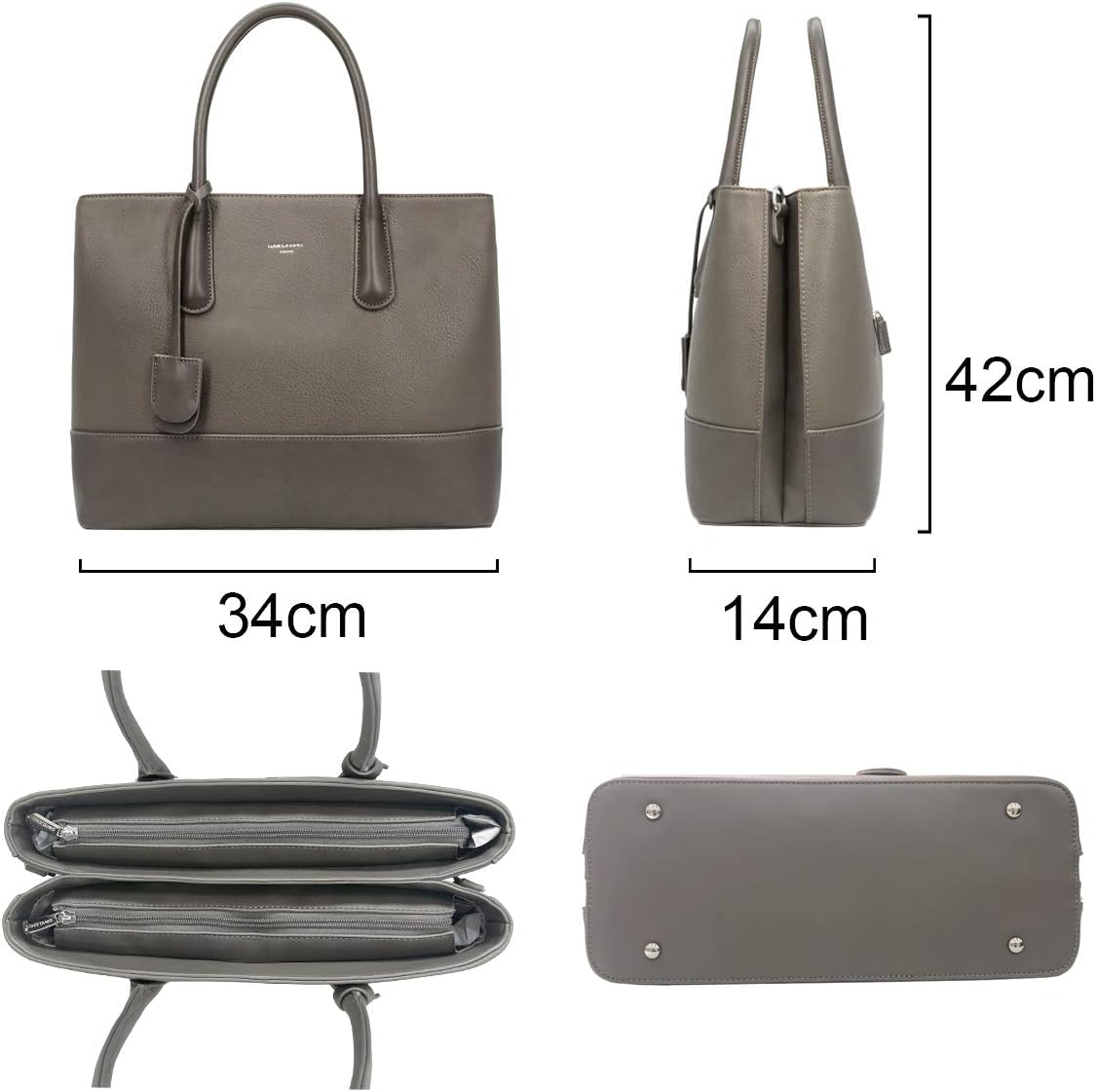 Detalle de David Jones Grand sac à main pour femme marron taupe – grand cabas 2 compartiments PU style cuir