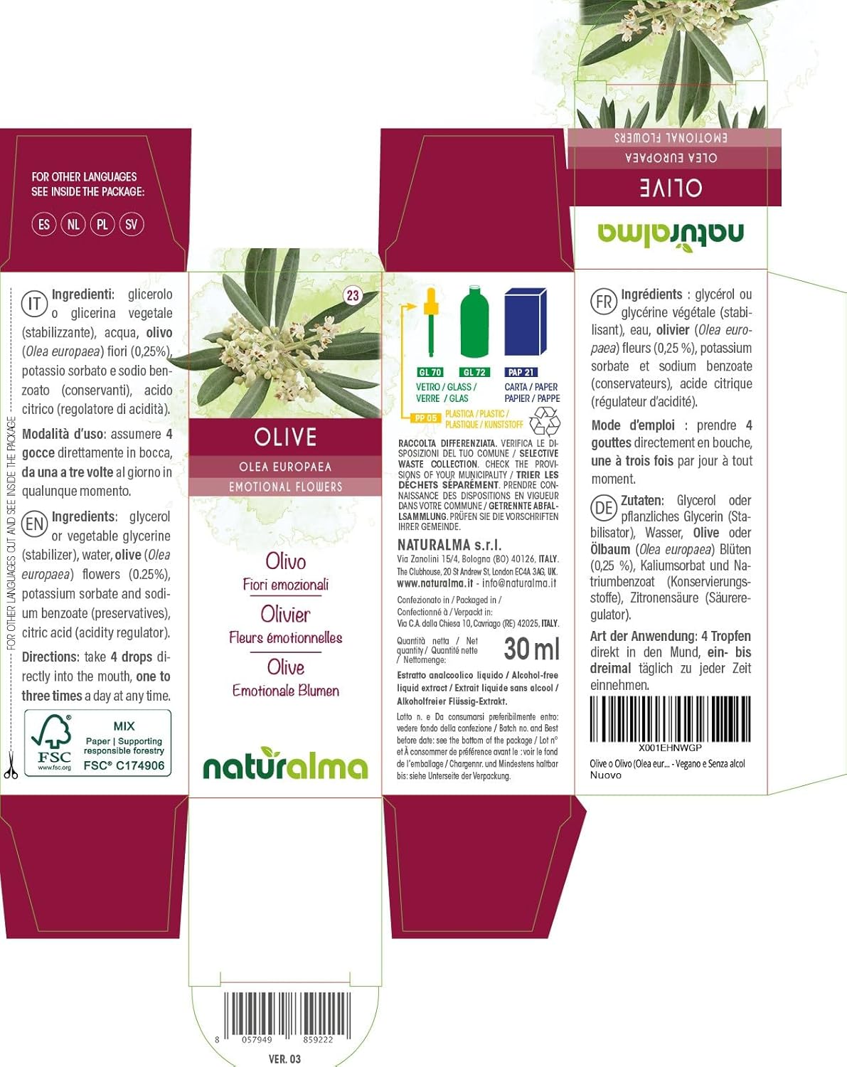 Detalle 2 de Olive o Olivo (Olea europaea) Fiori emozionali Naturalma — Gocce 30 ml, estratto analcoolico