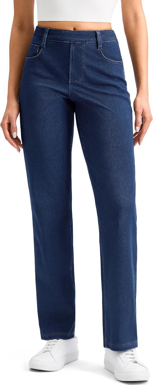 Detalle de Rammus Women's Pull-On Straight-Leg Jeans, High-Waisted Stretch Denim with 5 Pockets