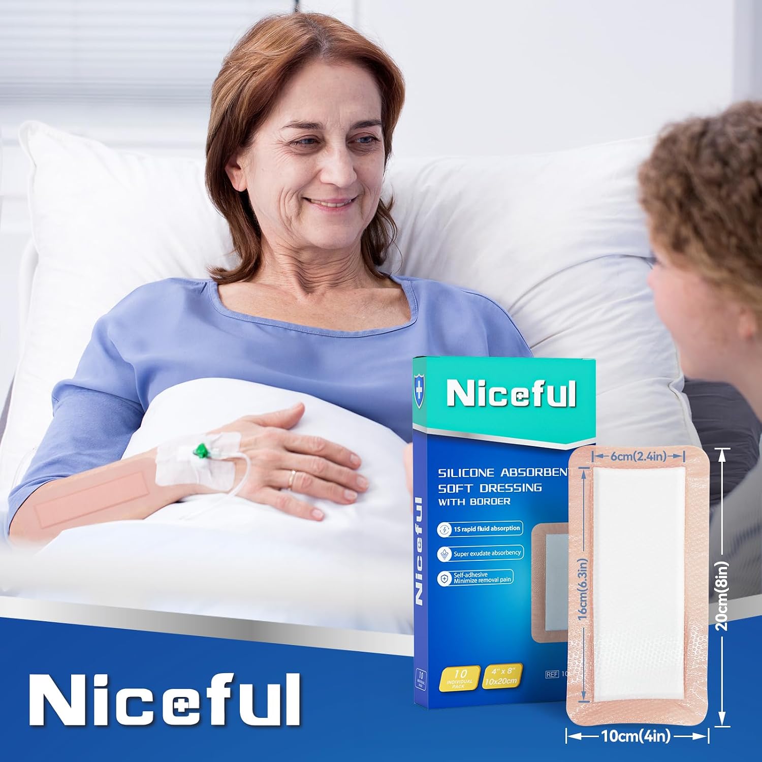 Detalle de Niceful Silicone Super Absorbent Wound Dressing (4"×8") with Adhesive Borders