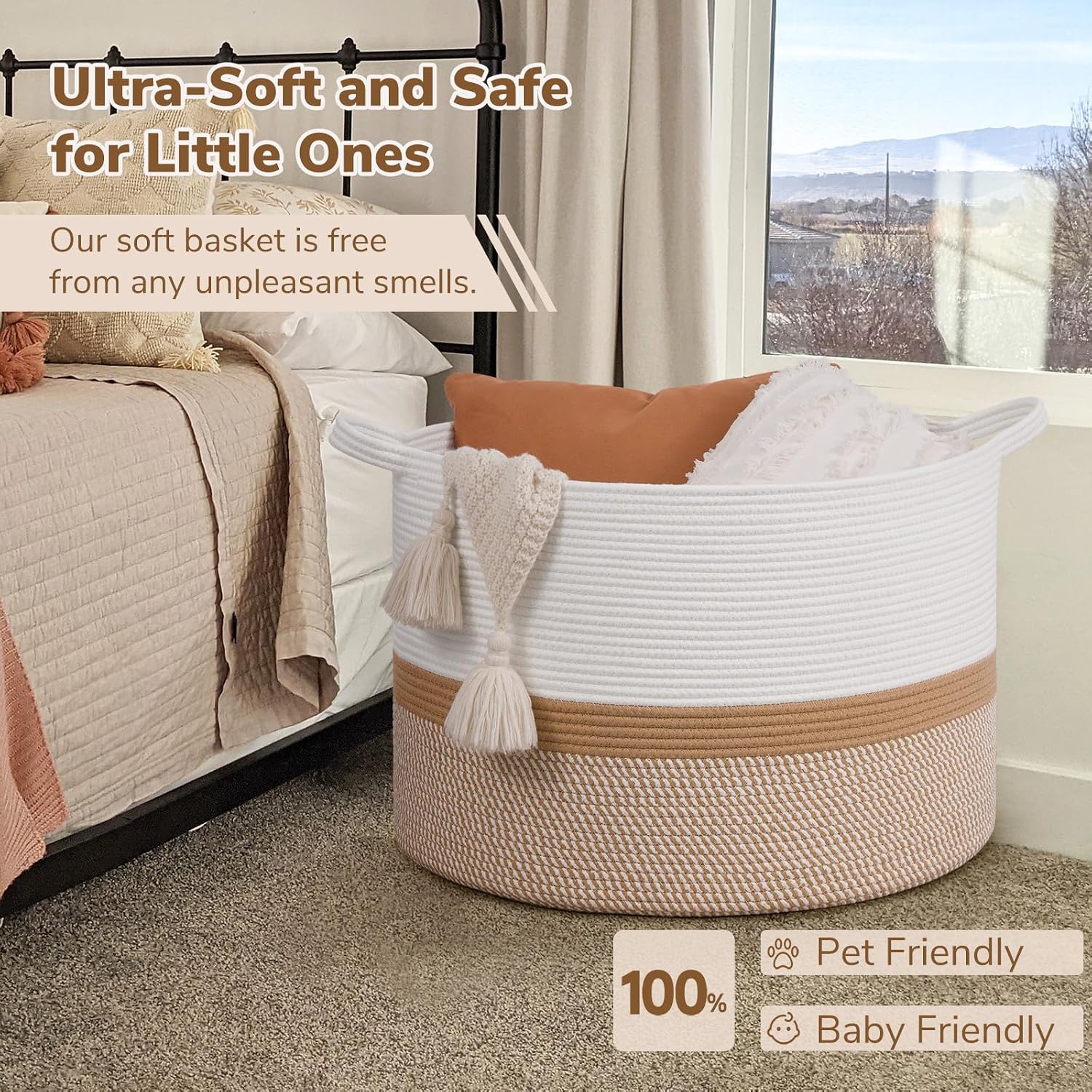 Thumbnail 4 de INDRESSME 115L Woven Cotton Rope Storage Basket, White and Camel