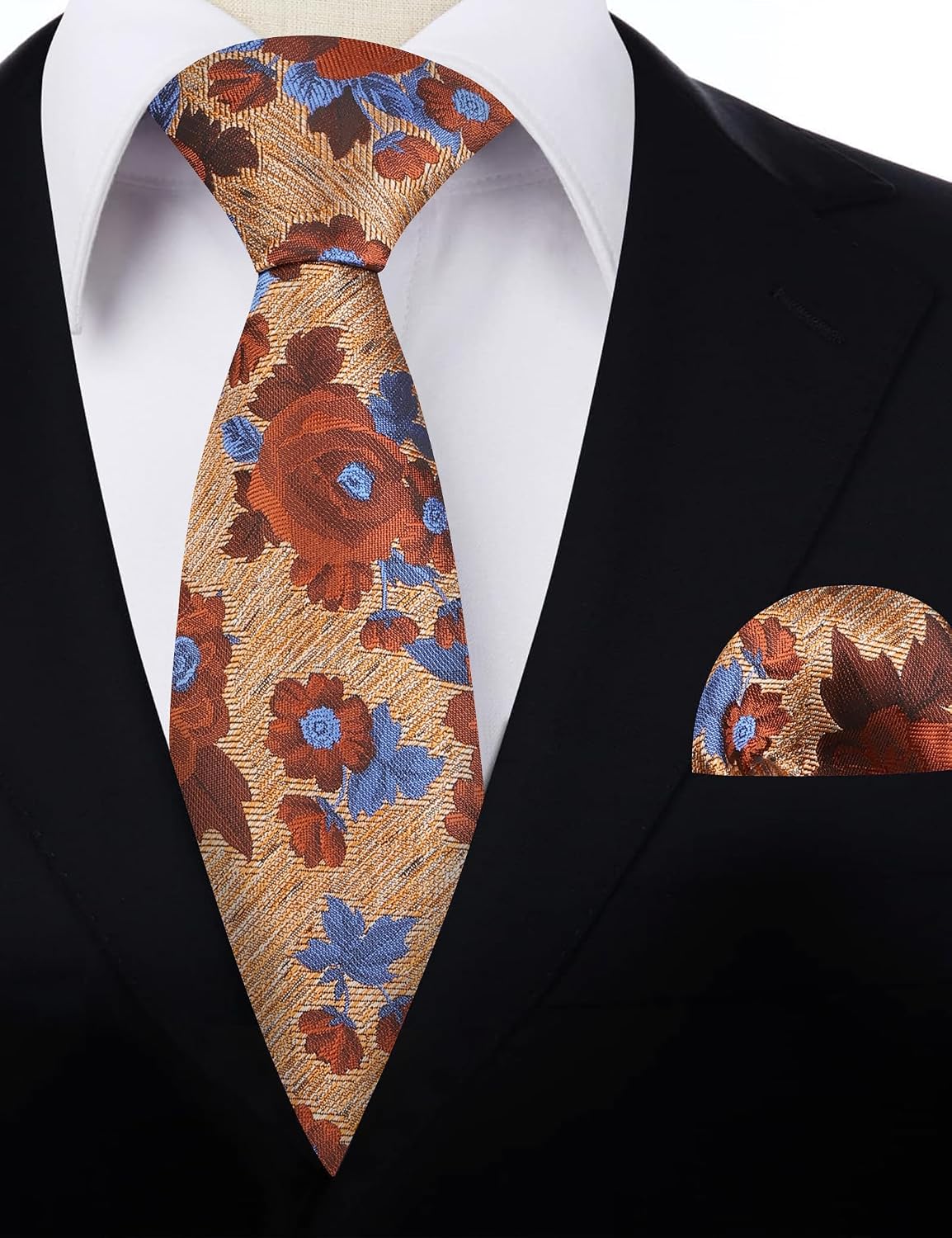 Detalle de Alizeal Flower Pattern Tie and Pocket Square Set – 100% Polyester, Floral Design for Weddings and Parties