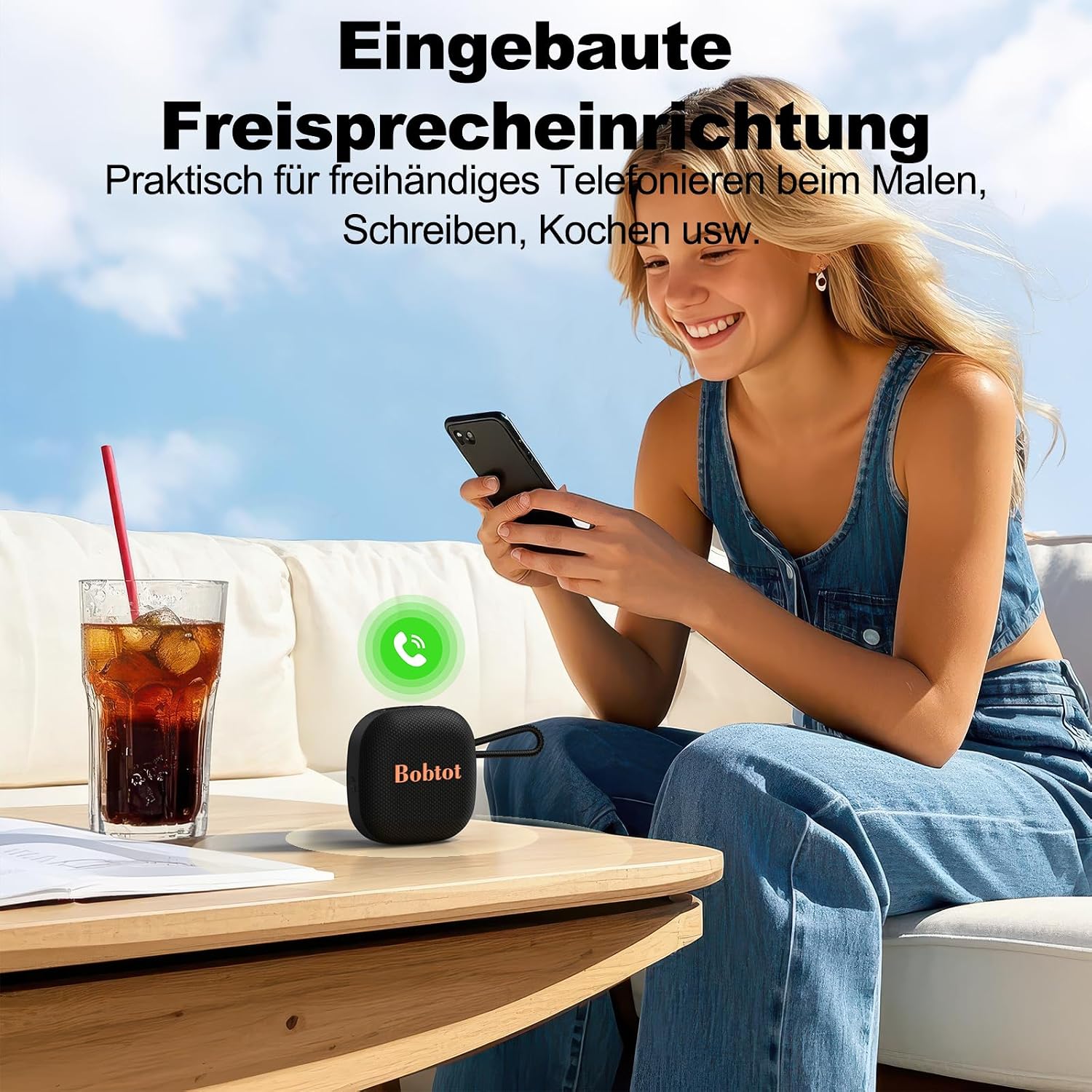 Detalle de Bobtot Bluetooth Lautsprecher (IPX7, kabellos tragbar, 16 Std. Akkulaufzeit) – Mini für Reisen & Sport, Schwarz