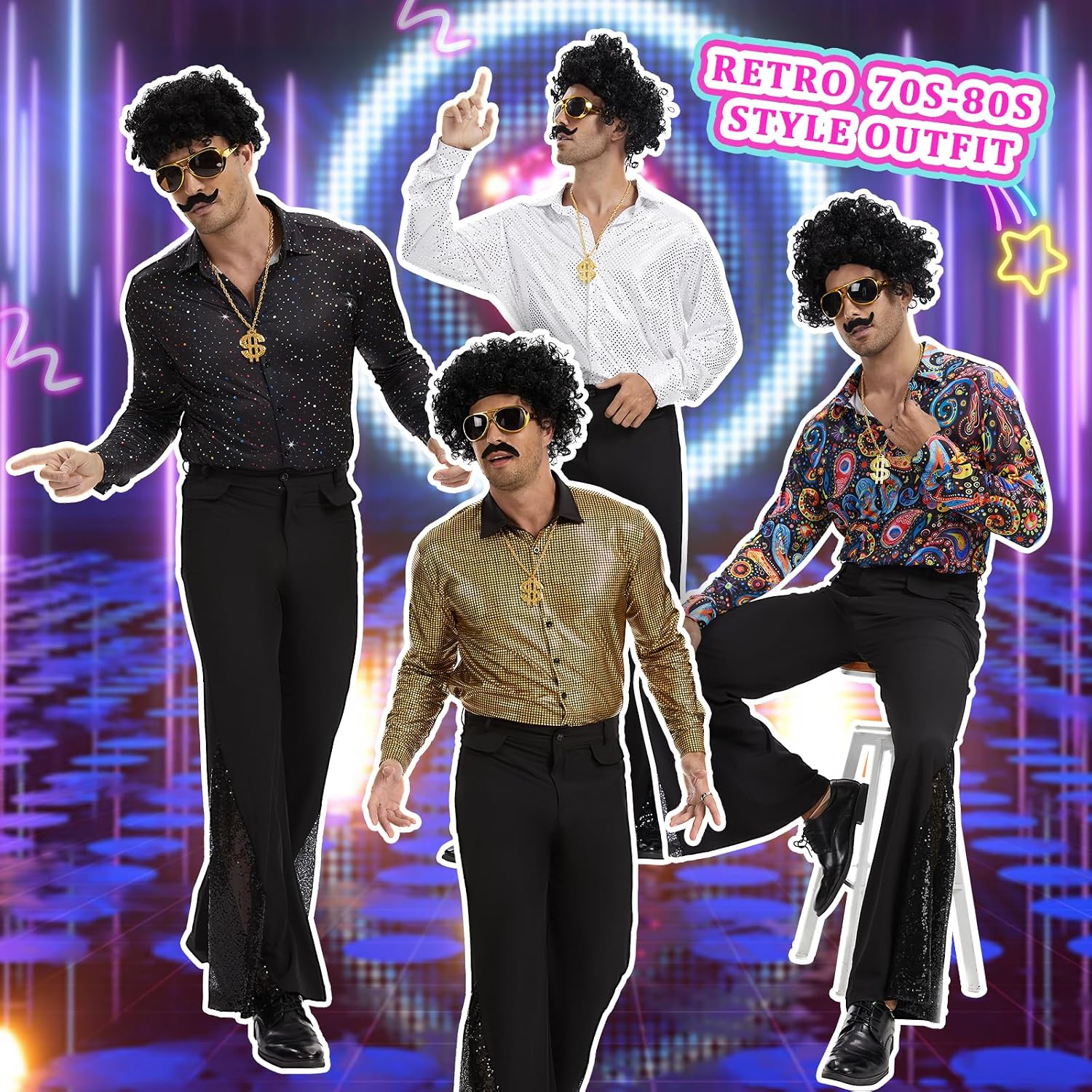 Detalle 2 de KDAFJLKD 7-Piece 1970s Disco Costume for Men with Bell-Bottom Pants