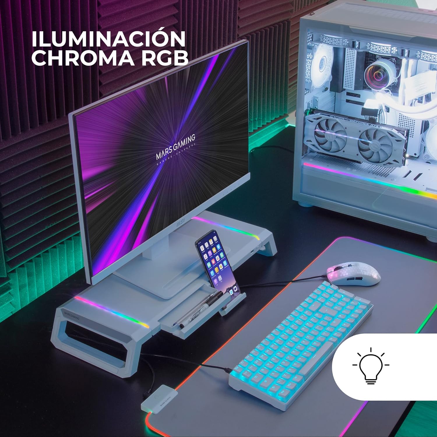 Thumbnail 1 de Mars Gaming MGS-ONE Bianco: supporto monitor con Chroma RGB, braccio regolabile e USB 2.0 frontale