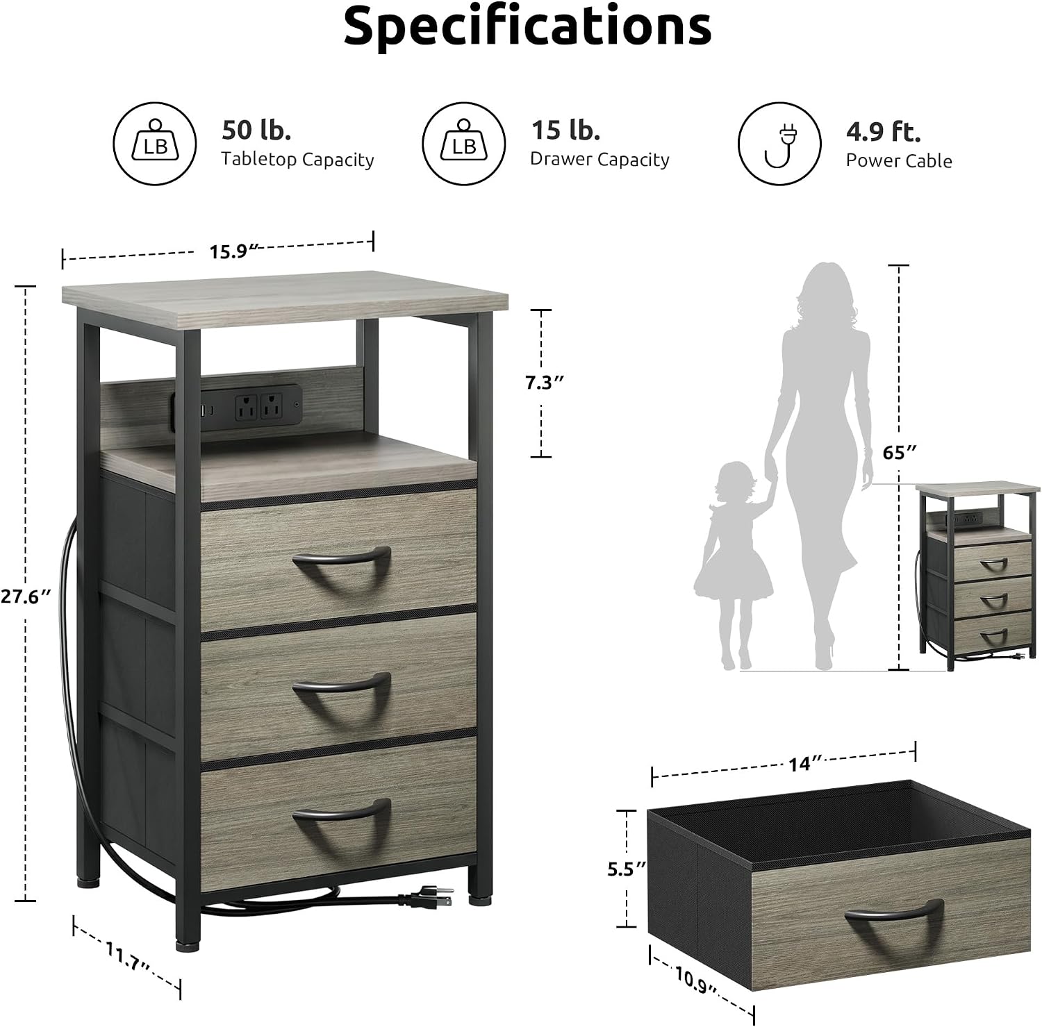 Thumbnail 2 de Lazzanto NightStand Bedside Charging Table with USB-C, USB Ports, and 2 Outlets