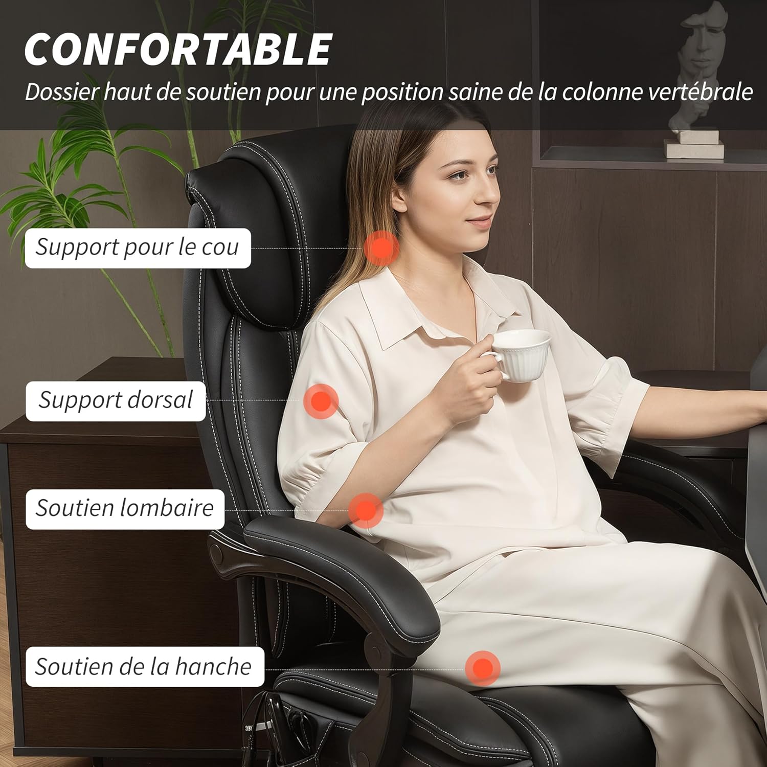 Thumbnail 4 de HOMCOM Fauteuil de Bureau massant et chauffant — Ergonomique, inclinaison 135°, repose-pieds et télécommande filaire