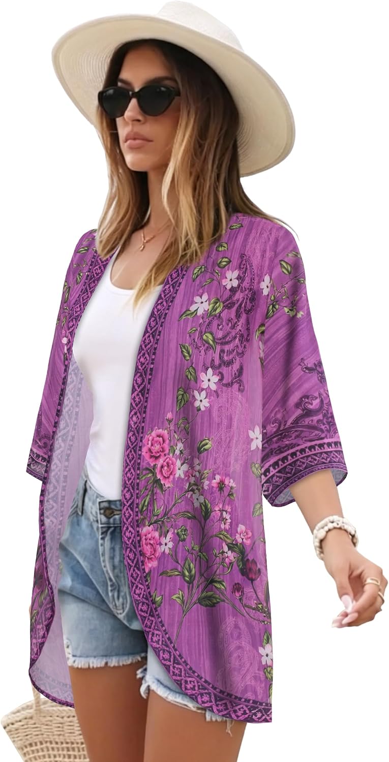 Detalle 1 de CHICALLURE Floral Chiffon Kimono Cardigan, Sheer Open-Front Cover-Up