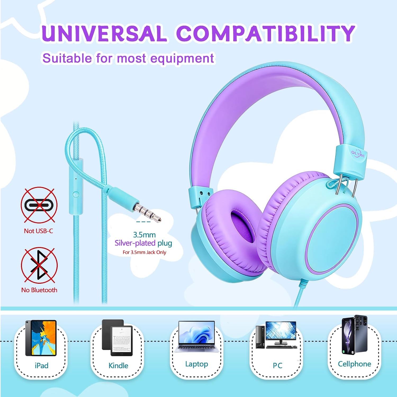 Detalle de Olyre Kids Headphones (Toddler Wired Headset with Mic) for School, Plane & Travel — Icy Mint Blue/Purple