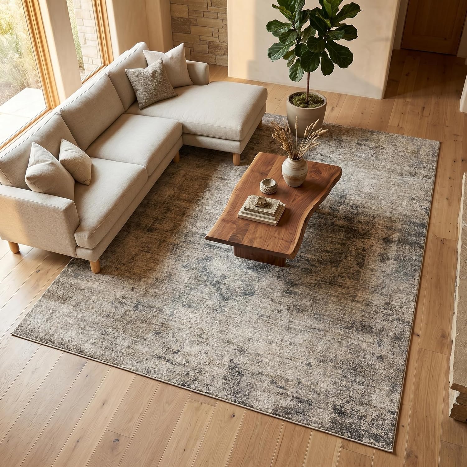 Thumbnail 5 de Washable 8x10 Area Rug (Taupe Brown) — Ultra-Soft Vintage Distressed Farmhouse Carpet with Non-Slip Backing